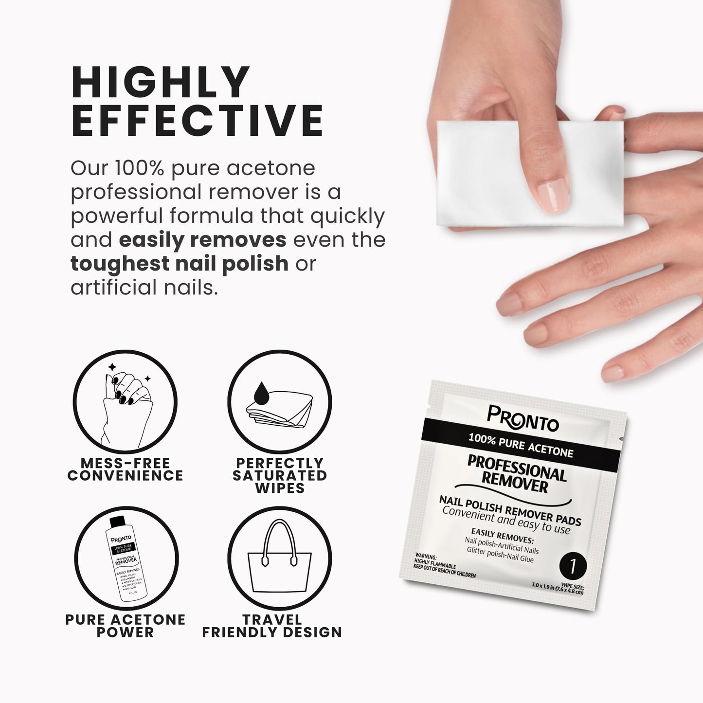 White Smoke Pronto Nail Polish Remover Pads, 10 Pcs. Individually Wrapped Acetone Wipes, Pure Acetone Wipes Remover For Salon & Home - Quick Polish Nail Soak Pads