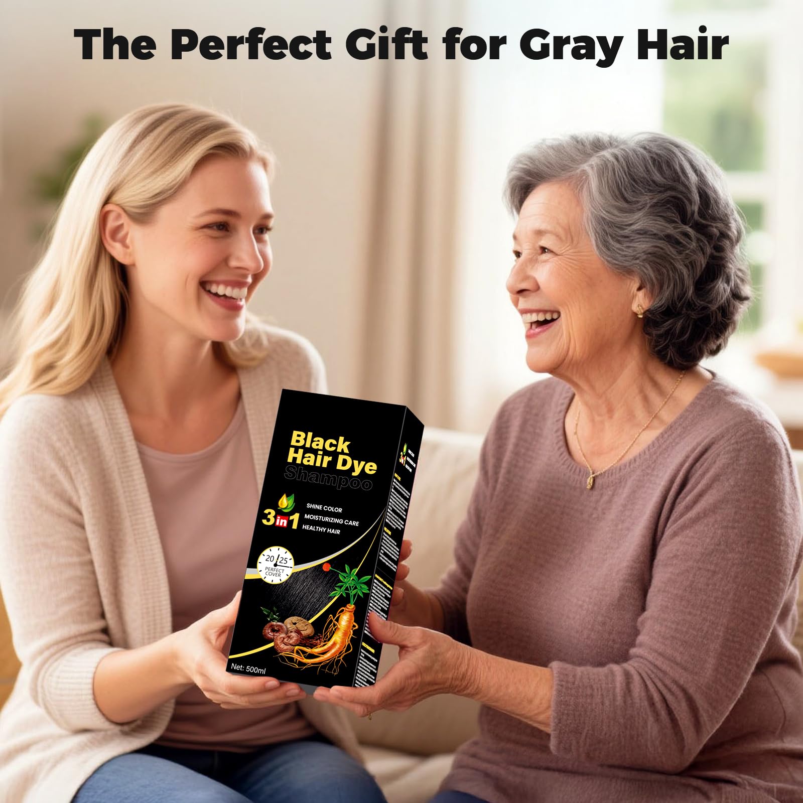 Gray JUANCHI Black Hair Dye Shampoo 3 in1, Black Shampoo Hair Dye for Gray Coverage, Natural Hair Color for Women Men, Herbal Formula, Ammonia-free, Lasts 30 Days, 500ml (16.90 oz)