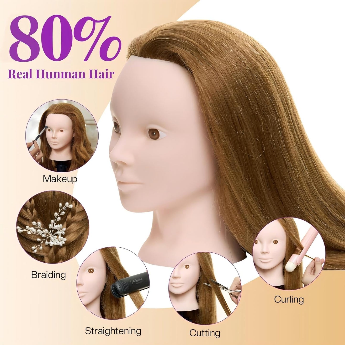 White Smoke 28" Mannequin Head Human Hair - 80% Real Hair Mannequin Head for Makeup Practice, Cosmetology Manikin Doll Head for Hair Styling, Hairdressing Training Head for Braiding #27
