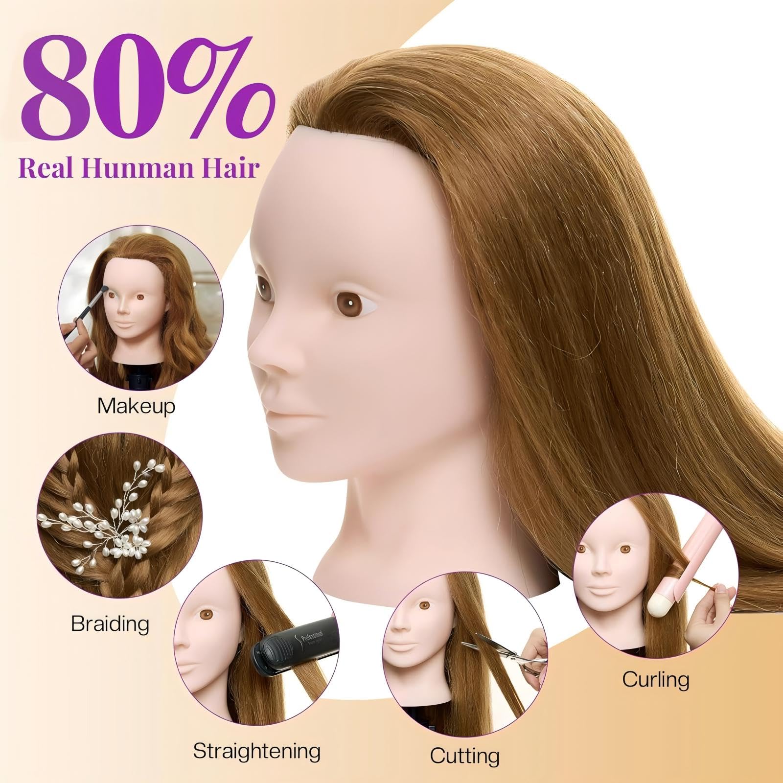 White Smoke 28" Mannequin Head Human Hair - 80% Real Hair Mannequin Head for Makeup Practice, Cosmetology Manikin Doll Head for Hair Styling, Hairdressing Training Head for Braiding #27