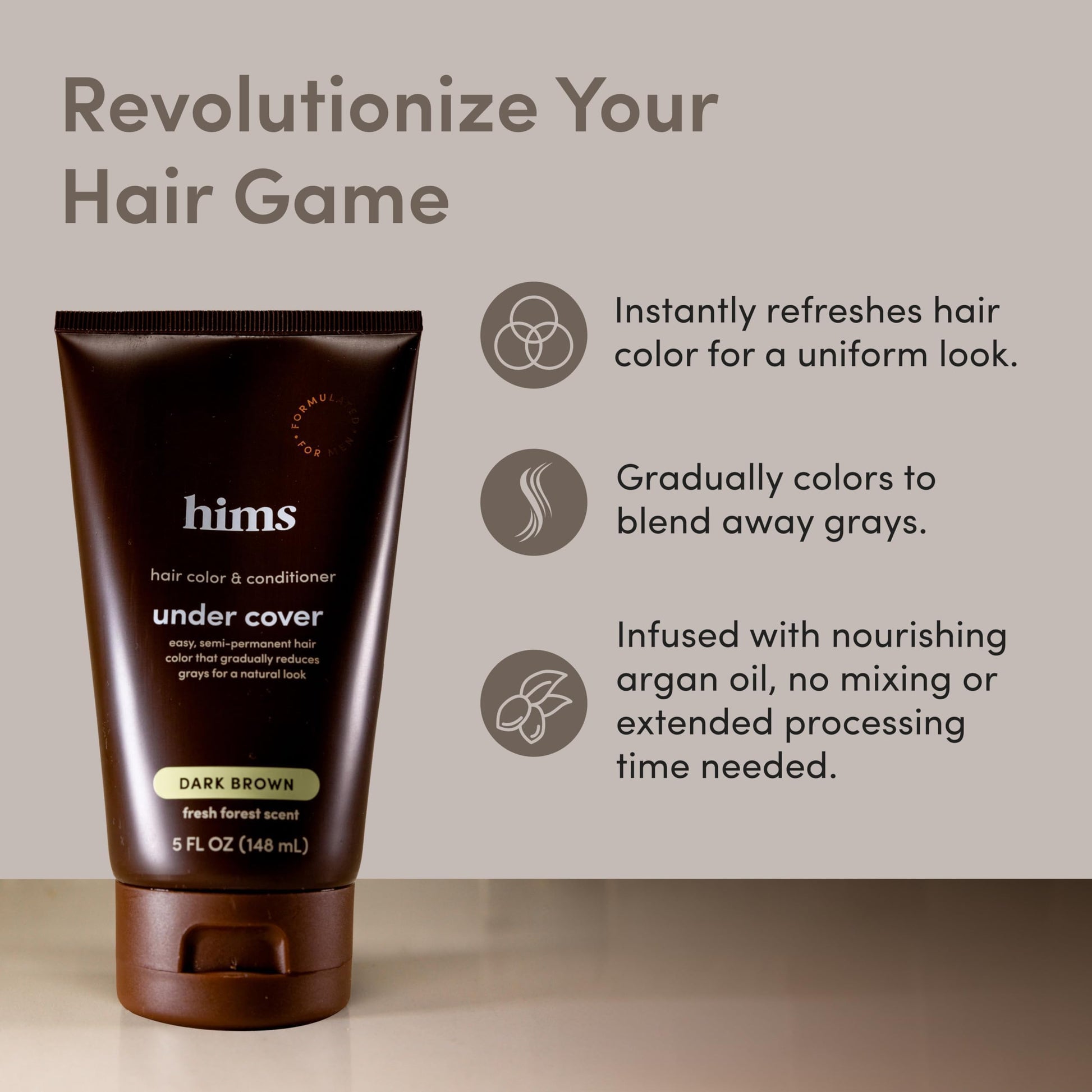 Gray hims Under Cover Hair Color & Conditioner - With Argan Oil - Semi-Permanent In-Shower Hair Dye - Blends Grays Naturally - Sulfate-Free & Cruelty-Free - Fresh Forest Scent - Dark Brown - 5 Fl Oz