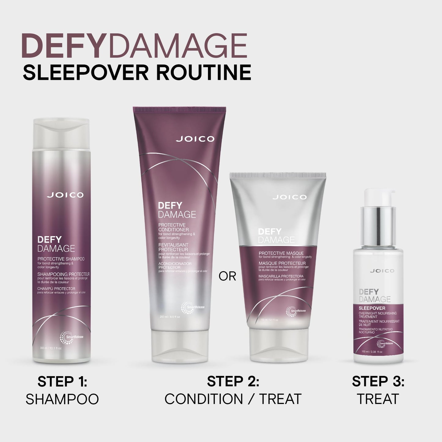 Lavender Joico Defy Damage Sleepover Overnight Nourishing Treatment | Instantly Softens & Smooths | Strengthen Bonds | Reduce Breakage & Split Ends | No Rinse Formula | With Arginine & Keratin | 3.38 oz