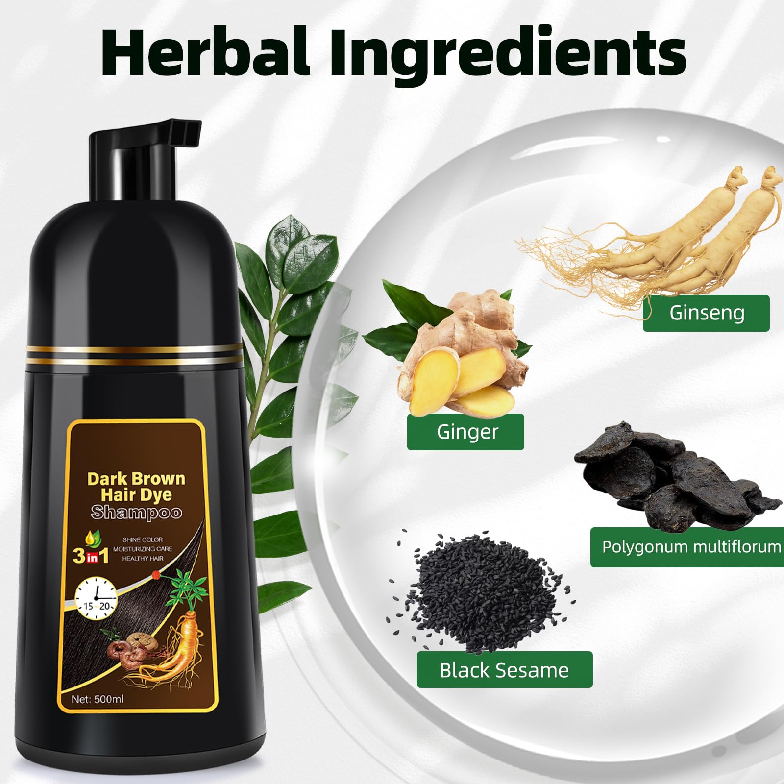 White Smoke Dark Brown Hair Dye Shampoo 3 in 1 for Gray Coverage for Women/Men, Color Shampoo Instant Herbal Ingredients Semi Permanent