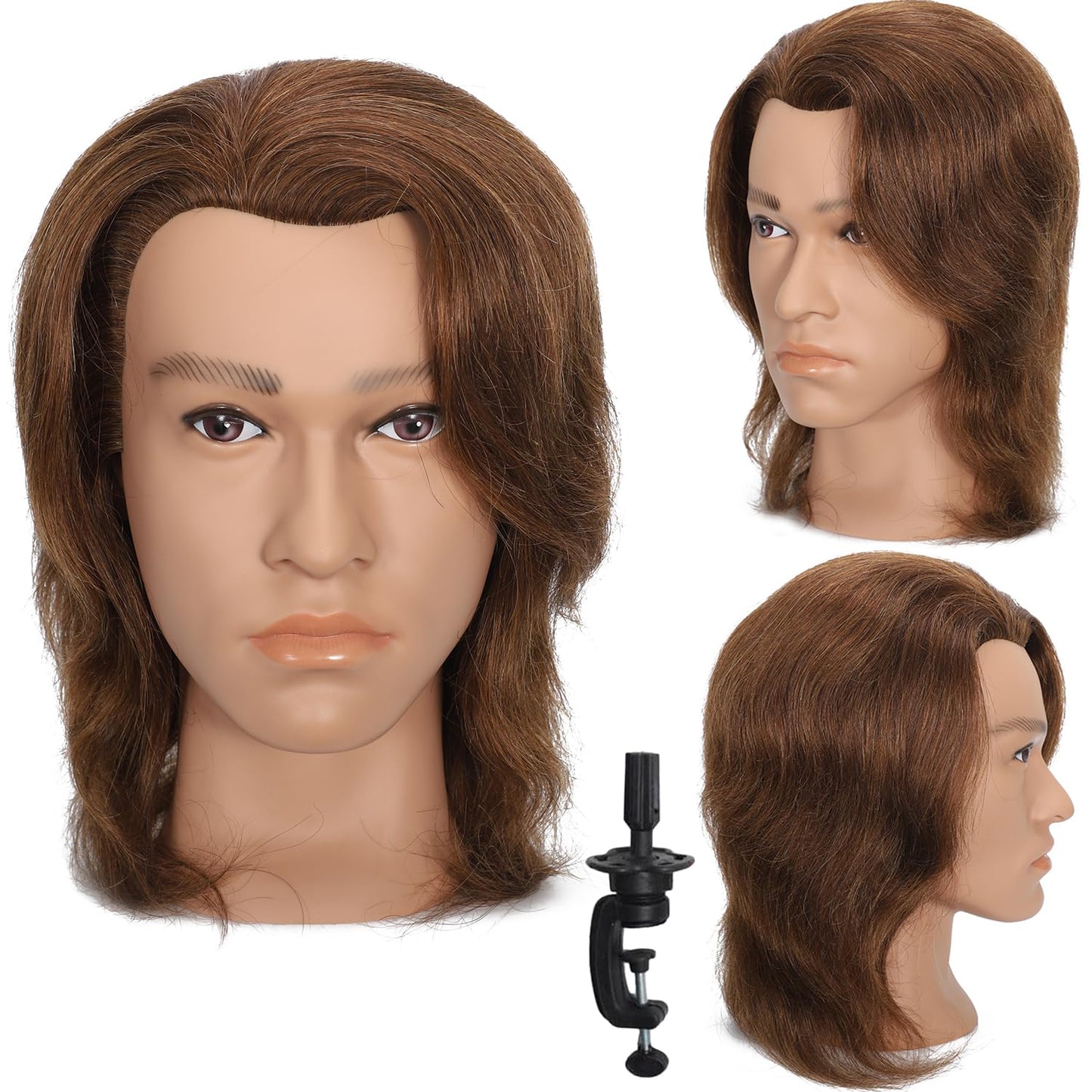White Smoke TKIMHEQ 12" Male Mannequin Head with 100% Human Hair Haircut Training Head for Cosmetology Straight Thick Hair Manikin Head Doll Head with Stand Practice Cutting Styling (Brown#)