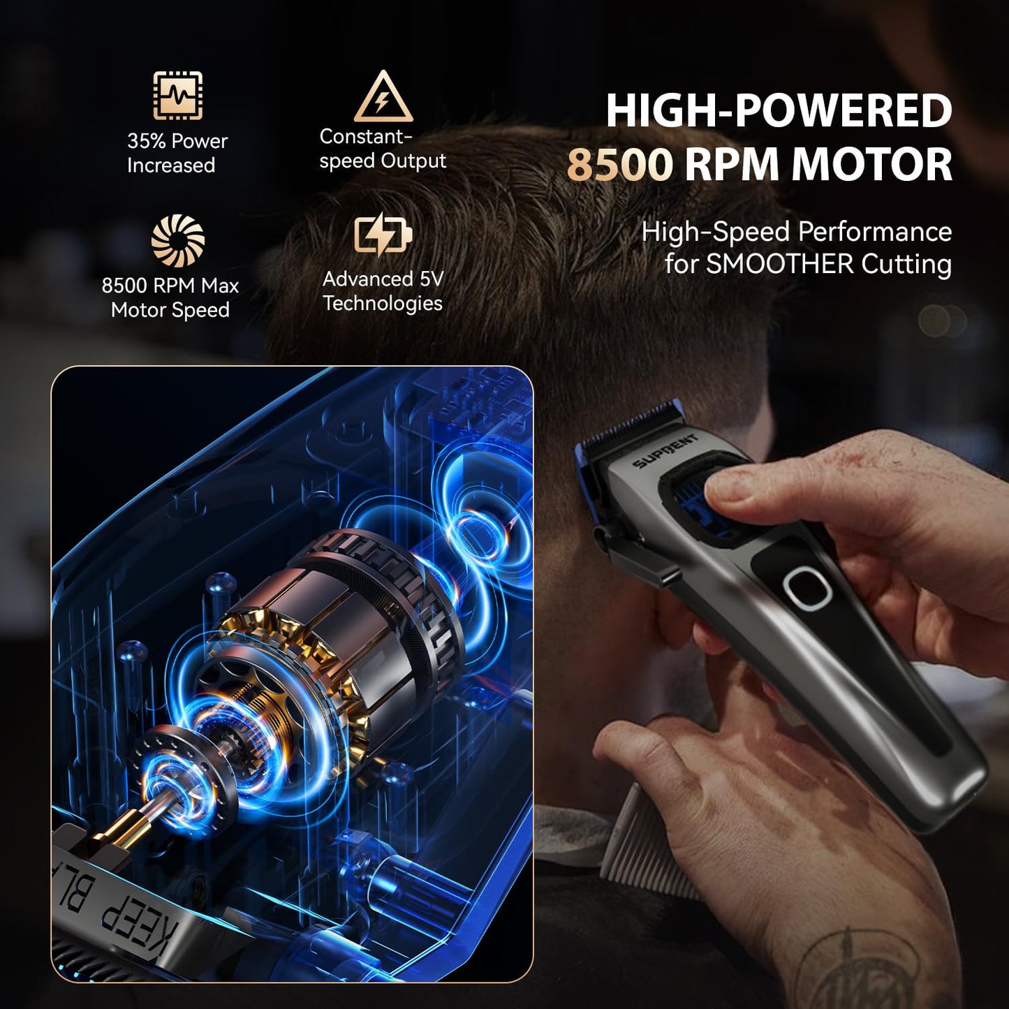 Black SUPRENT StormGray Professional Hair Clippers for Men - Cordless Barber Clippers & Zero-gapped Trimmer Set, Haircutting Kit with High Performance Motor, Blue Titanium-Coated Blades, Charging Stands