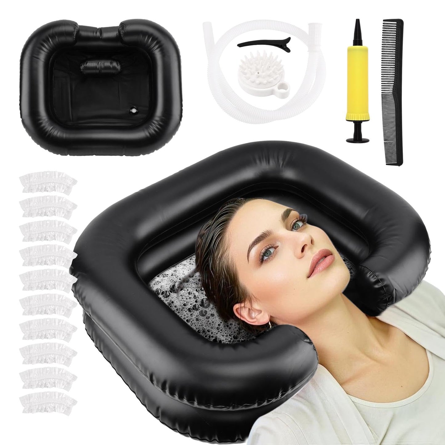 White Smoke Inflatable Shampoo Basin, Portable Wash Hair in Bed with Inflatable Shampoo Bowl Include Massage Comb1*Pump 20*Ear Muffs for Bedridden Disabled Injured Elderly(Color:Black)