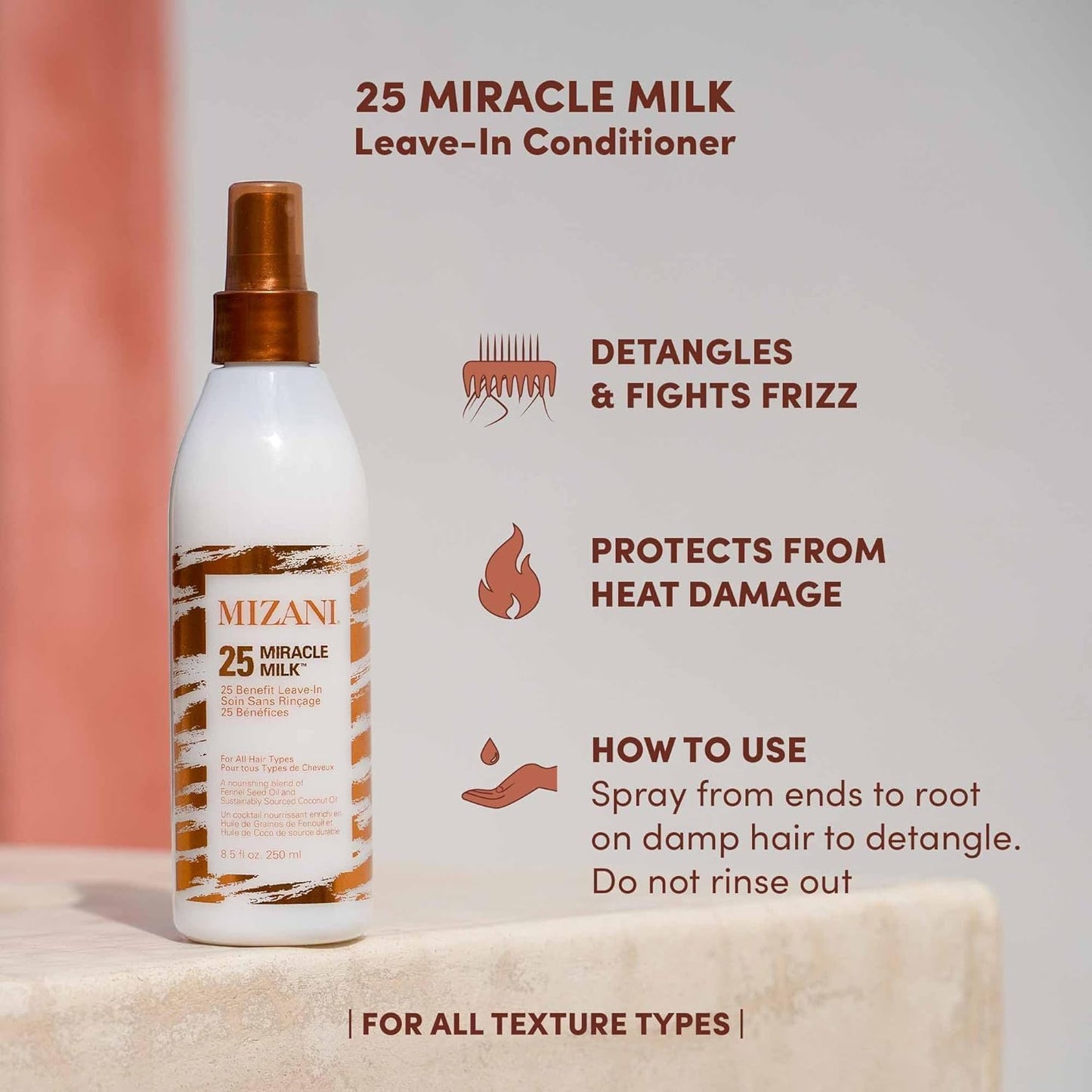 Gray Mizani 25 Benefit Miracle Milk - Leave in Conditioner for Curly Hair, With Coconut Oil, Curl Detangler Spray, Anti Frizz Heat Protectant, No Drying Alcohols, Paraben-Free, 8.5 Fl Oz