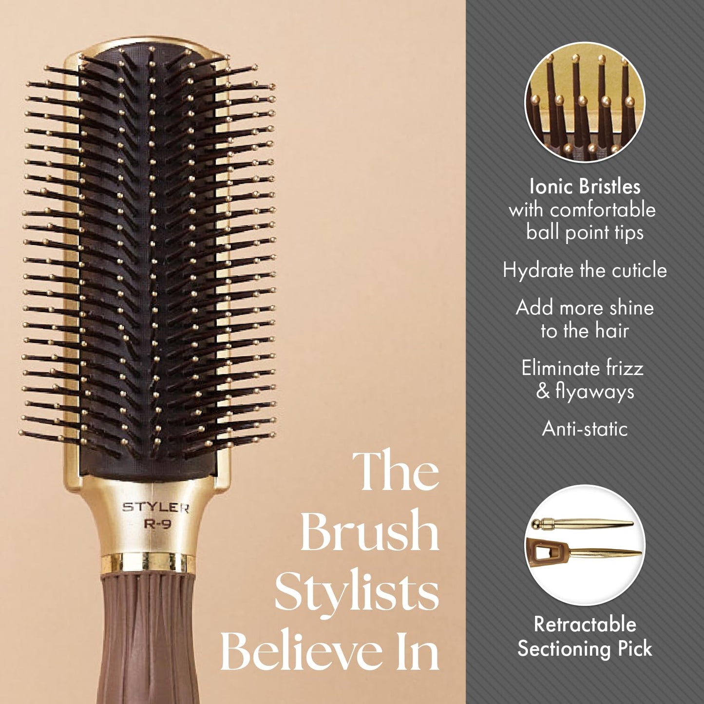Dim Gray Olivia Garden Ceramic + Ion NanoThermic Styler Hair Brush - Daily Styling for All Hair Types - With Retractable Sectioning Pick, 3-PC Bag (S9R, VTS, PDL)