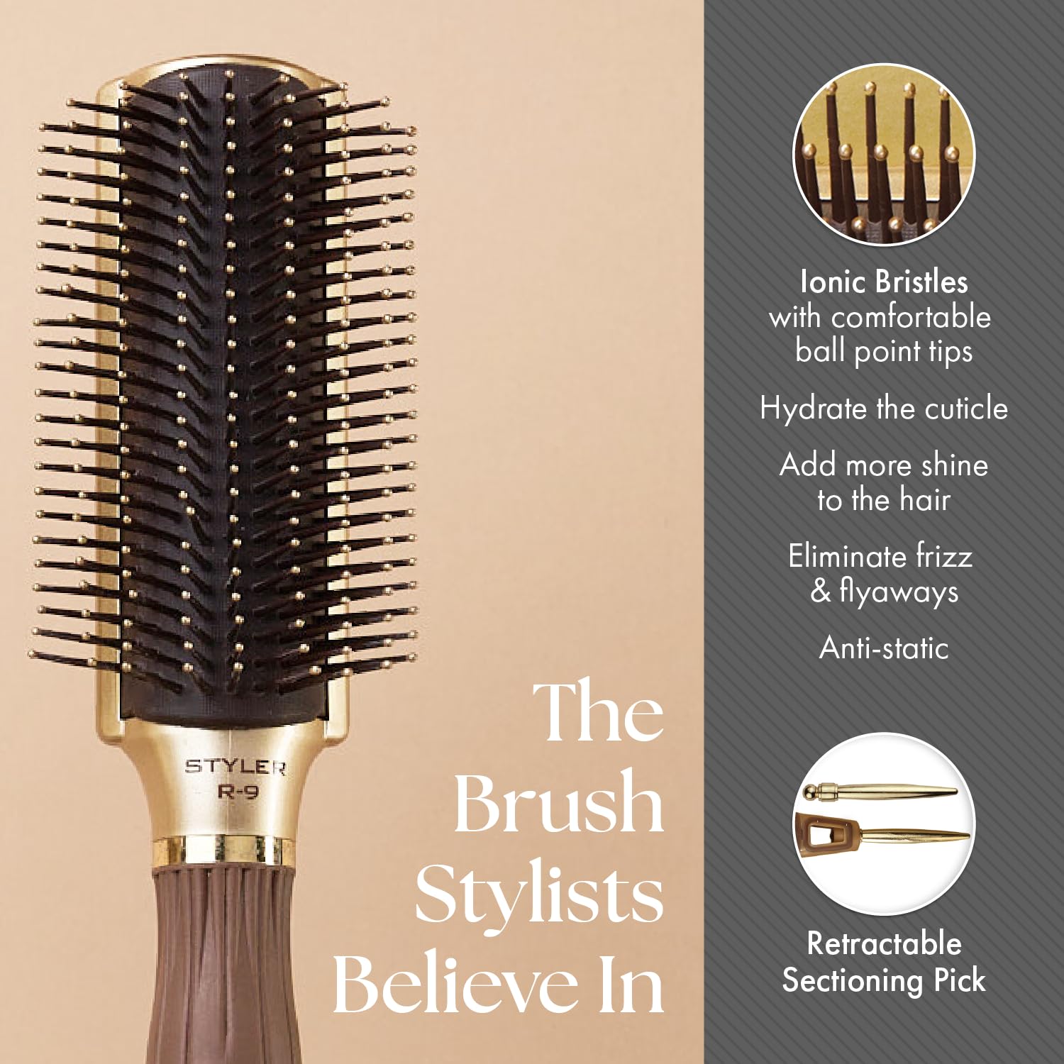 Dim Gray Olivia Garden Ceramic + Ion NanoThermic Styler Hair Brush - Daily Styling for All Hair Types - With Retractable Sectioning Pick, 3-PC Bag (S9R, VTS, PDL)