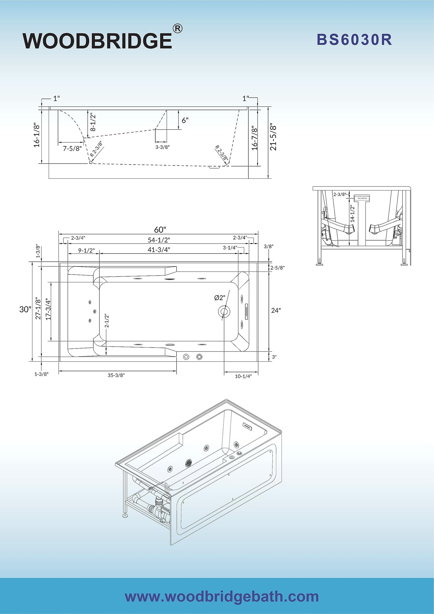 White Smoke WOODBRIDGE 60" Alcove Acrylic Rectangular Whirlpool Heated Jetted Tub in White with Right Drain, Chrome pop-up Drain Included BS6030R