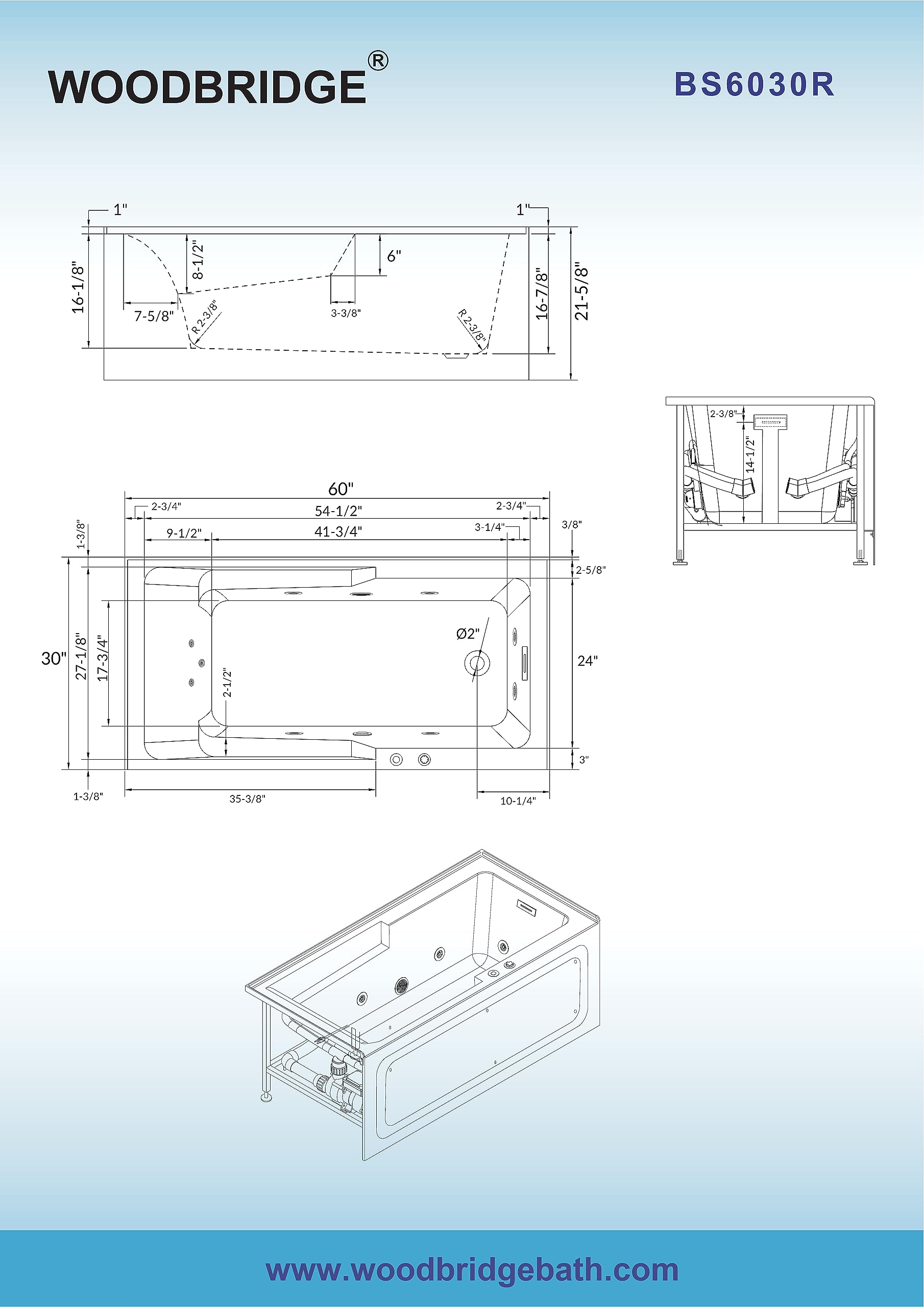 White Smoke WOODBRIDGE 60" Alcove Acrylic Rectangular Whirlpool Heated Jetted Tub in White with Right Drain, Chrome pop-up Drain Included BS6030R