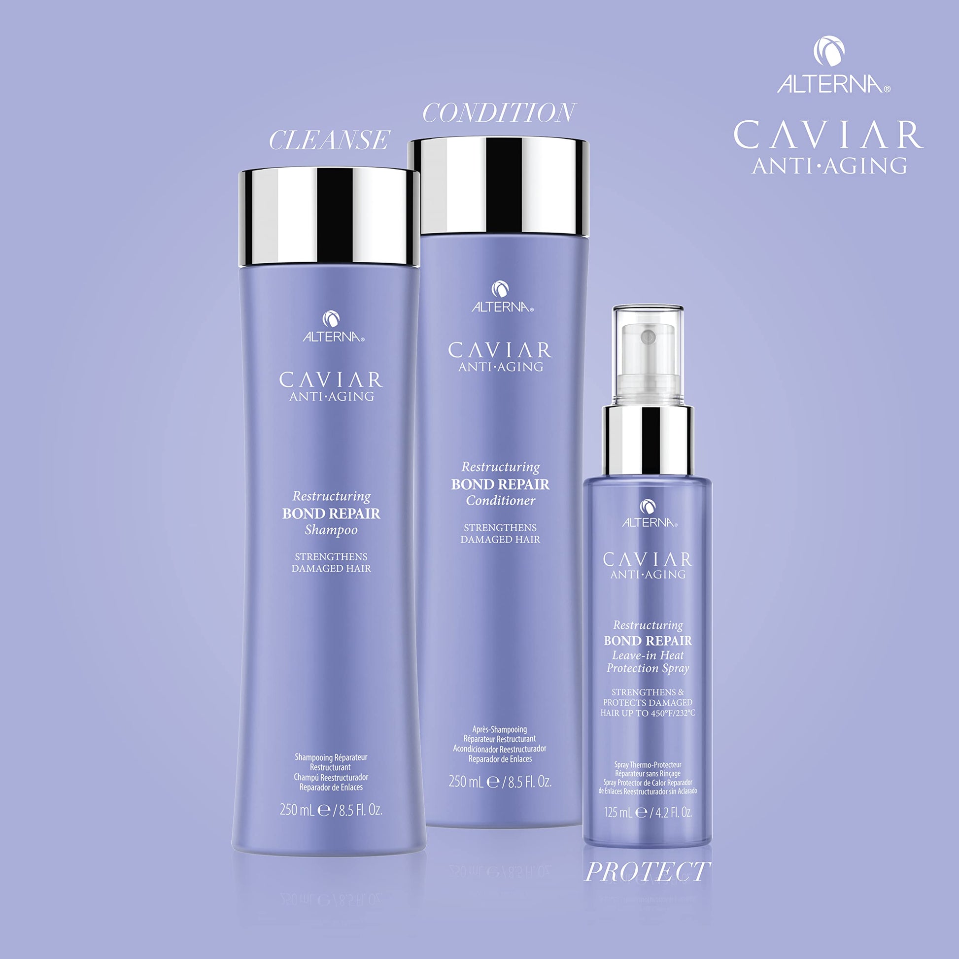 Light Steel Blue Alterna Haircare CAVIAR Anti-Aging Restructuring Bond Repair Leave-in Heat Protection Spray 4.2 Fl Oz | Strengthens and Protects Damaged Hair