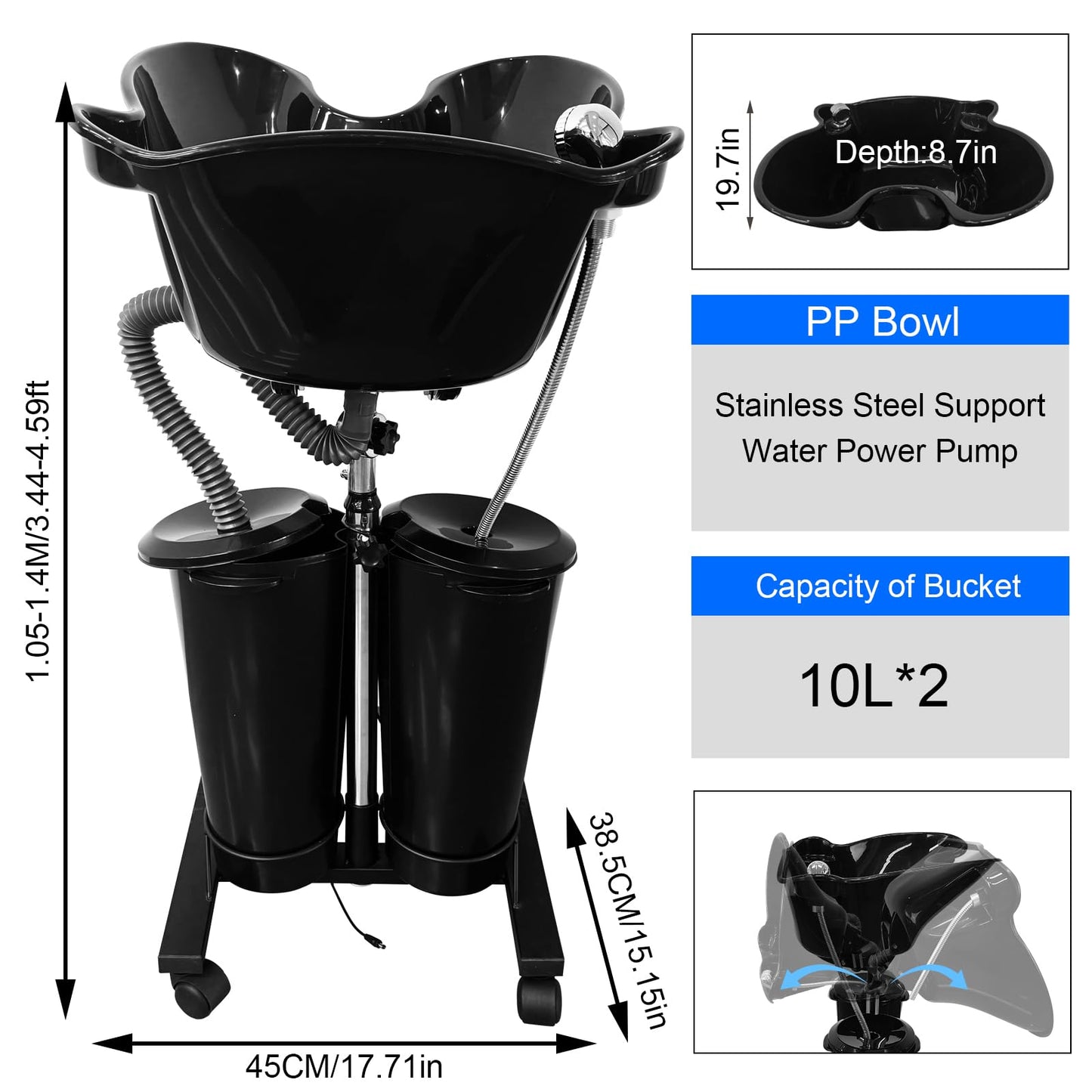 White Smoke EVGTTI Portable Shampoo Bowl with Electric Pump, Height Adjustable Hair Washing Station, 2 Buckets Drain Hoses, Portable Salon Sink for Home & Salon Use