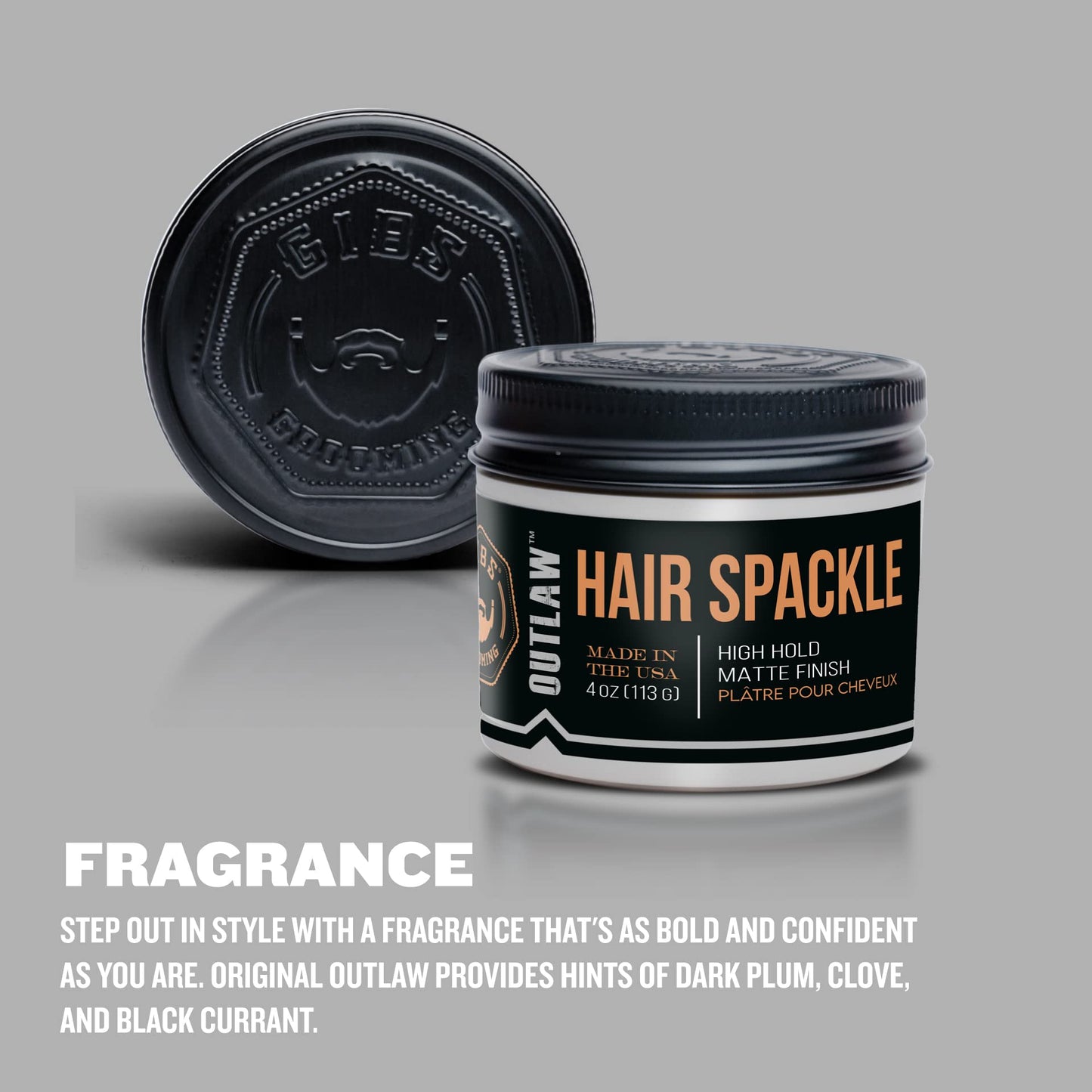 Gray GIBS Grooming Outlaw Hair Spackle (4 oz) High Hold - Matte Finish - Pomade/Hair Clay for Men - Holy Basil & Hops Blend - Dark Plum, Clove & Black Currant Fragrance - Scalp Moisturizer - Made in USA