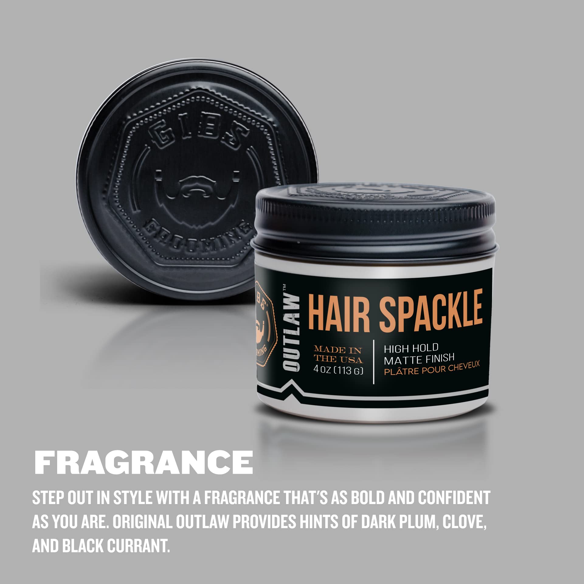 Gray GIBS Grooming Outlaw Hair Spackle (4 oz) High Hold - Matte Finish - Pomade/Hair Clay for Men - Holy Basil & Hops Blend - Dark Plum, Clove & Black Currant Fragrance - Scalp Moisturizer - Made in USA