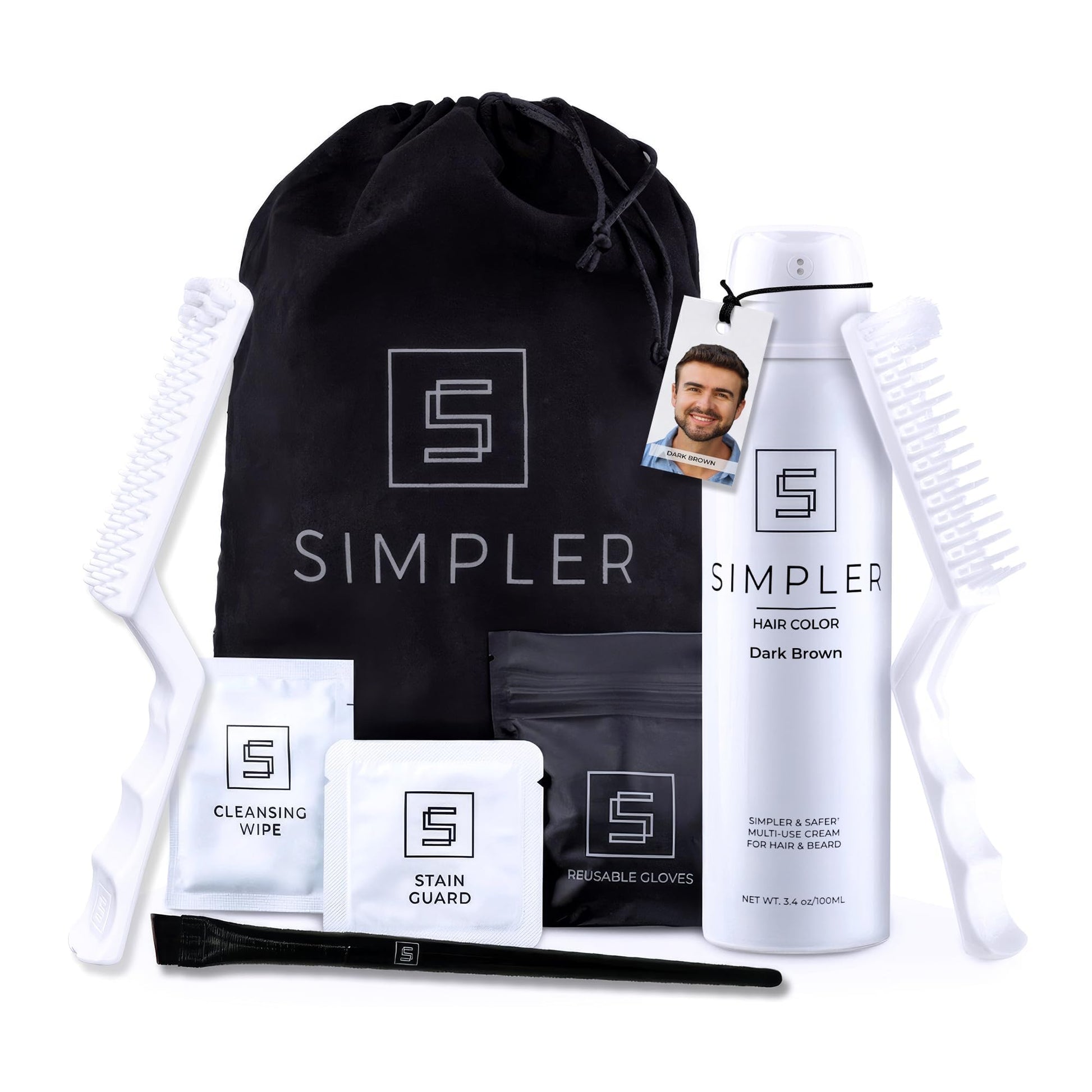 White Smoke Simpler Hair Color Dark Brown Mustache and Beard Upgraded Brush Kit with 3 Brushes Included for Precision Application - Gentle, Natural Looking Beard Coloring for Men