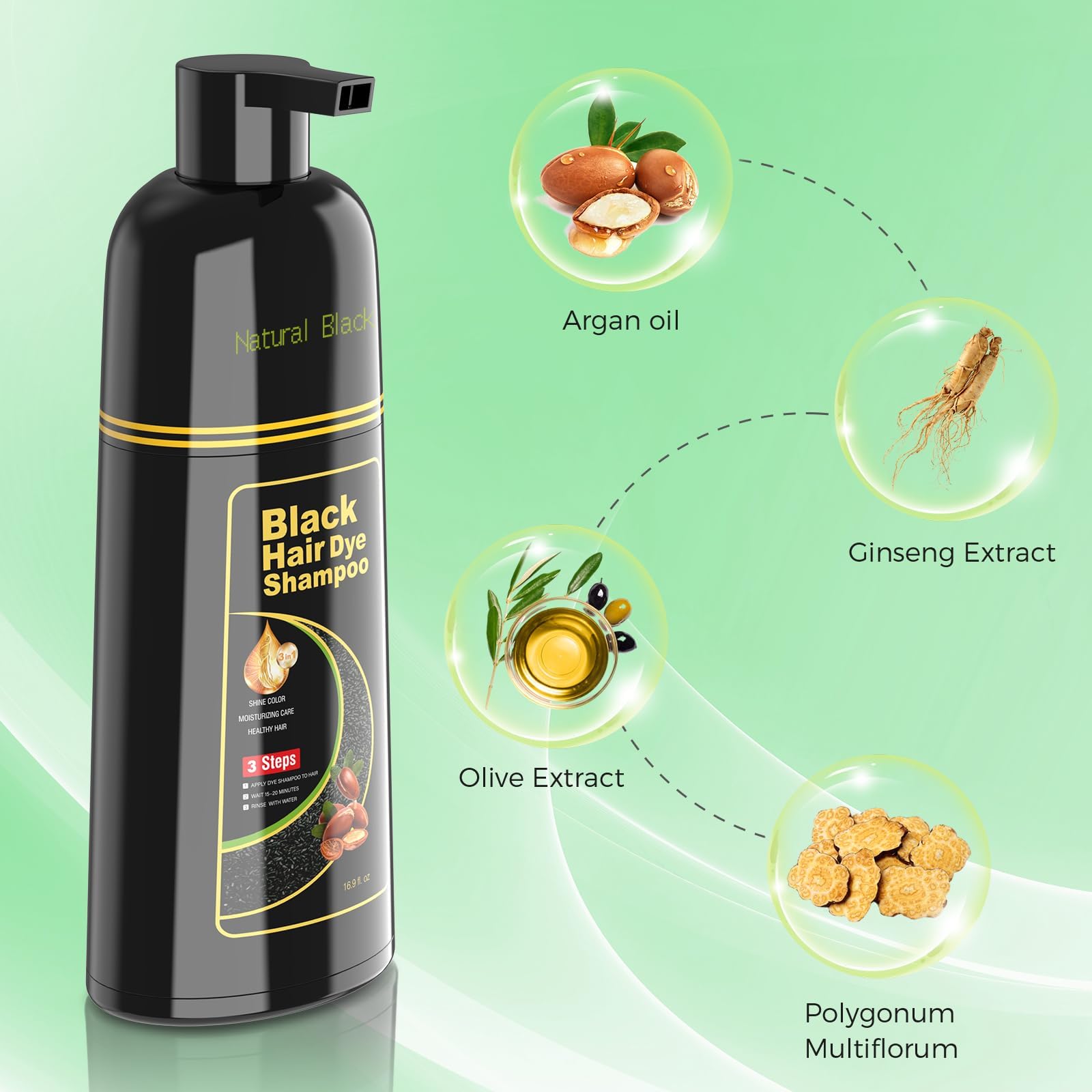 Pale Green BELEZALIB Black Hair Dye Shampoo for Woman & Man, Argan Hair Color Shampoo 3 in 1, Semi-Permanent Gray Hair Coverage, Mild Formula, Lasts 30 Days(16.90 oz)