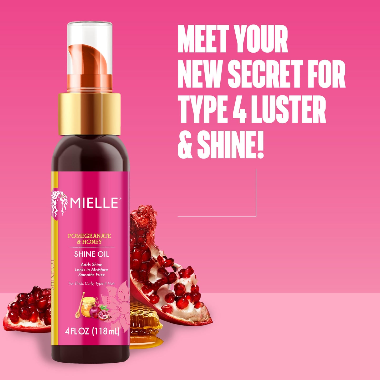 Light Pink Mielle Organics Pomegranate & Honey Shine Oil, Lightweight Hair Oil for Curly & Coily Hair, Adds Shine, Locks in Moisture, Smooths Frizz, Heat Protection, Non-Greasy Finish, Type 4 Hair, 4 fl oz