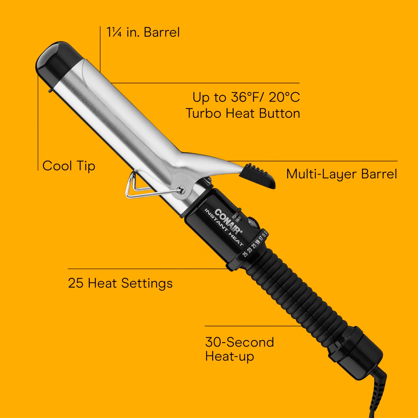 Orange Conair Instant Heat 1.25-Inch Curling Iron for Medium & Long Hair, Long Barrel Curling Iron with 25 Heat Settings, Fast Heat-Up, Dual Voltage Hair Curler for Loose Curls & Beach Waves, Easy Clamp