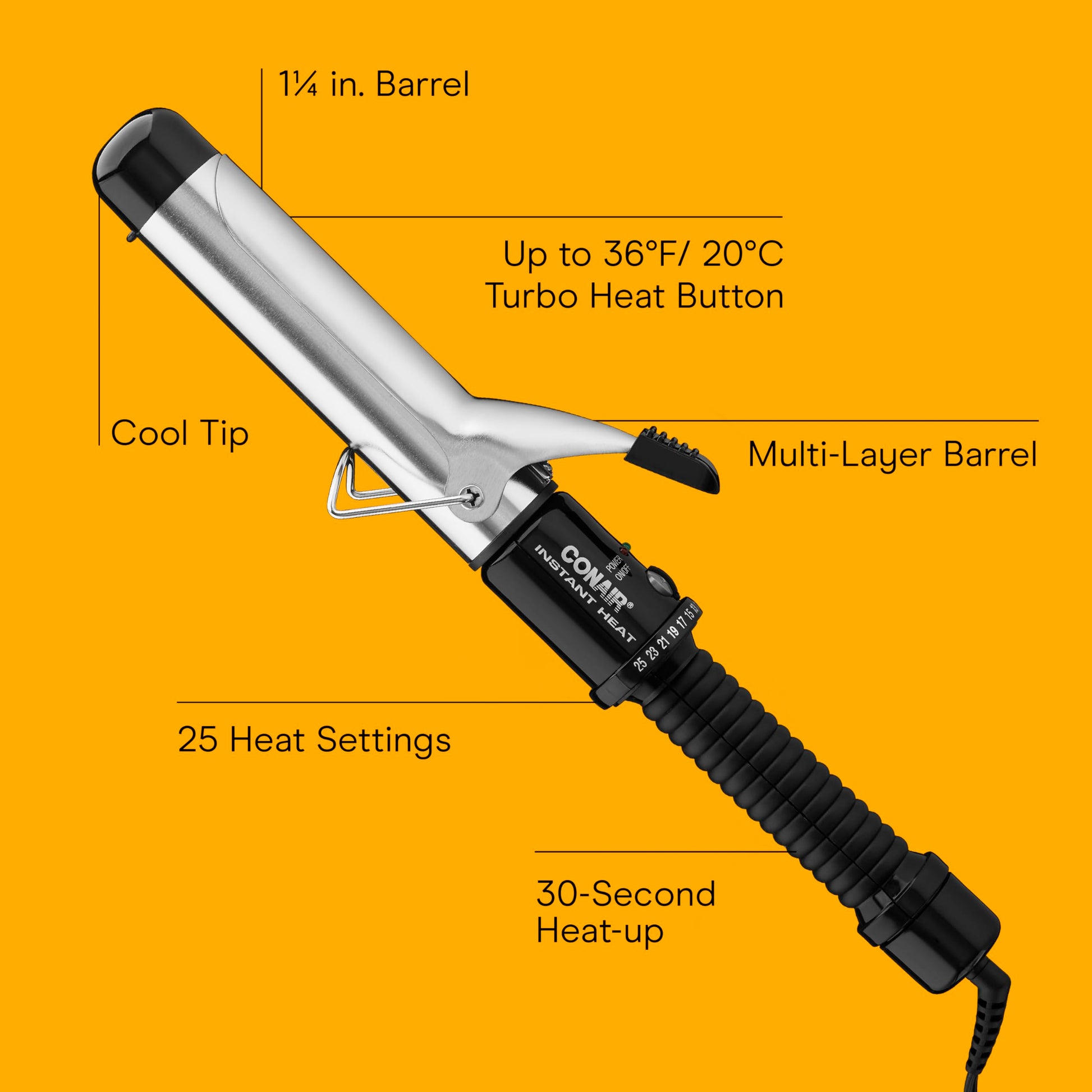 Orange Conair Instant Heat 1.25-Inch Curling Iron for Medium & Long Hair, Long Barrel Curling Iron with 25 Heat Settings, Fast Heat-Up, Dual Voltage Hair Curler for Loose Curls & Beach Waves, Easy Clamp