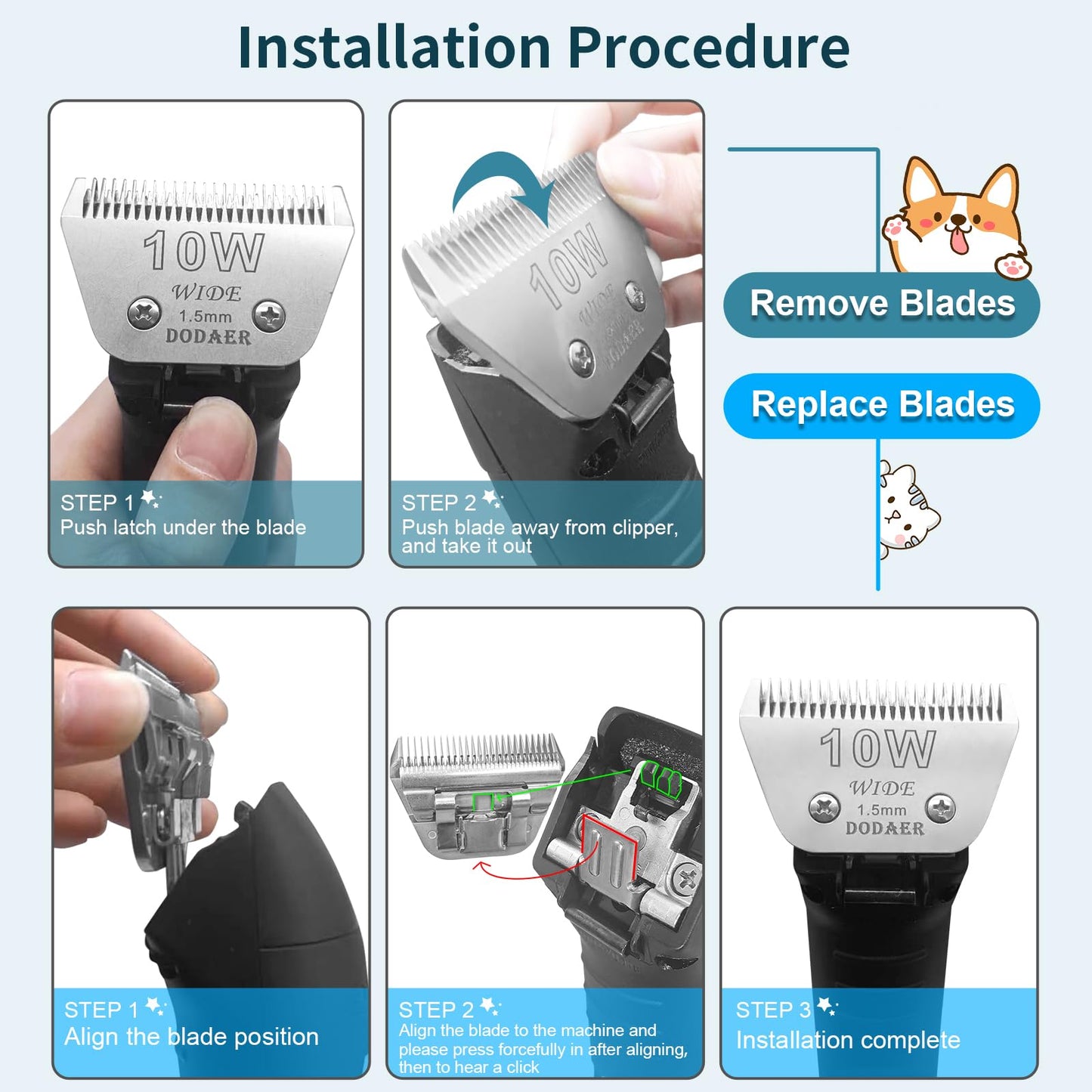White Smoke Newbulu Sizi 10W Dog Grooming Clipper Replacement Blades, Compatible with Ainds, Oster A5, Wahl Km10 and Other Series Clippers, Blade Size-10W Cut Length 1/16"(1.5mm)
