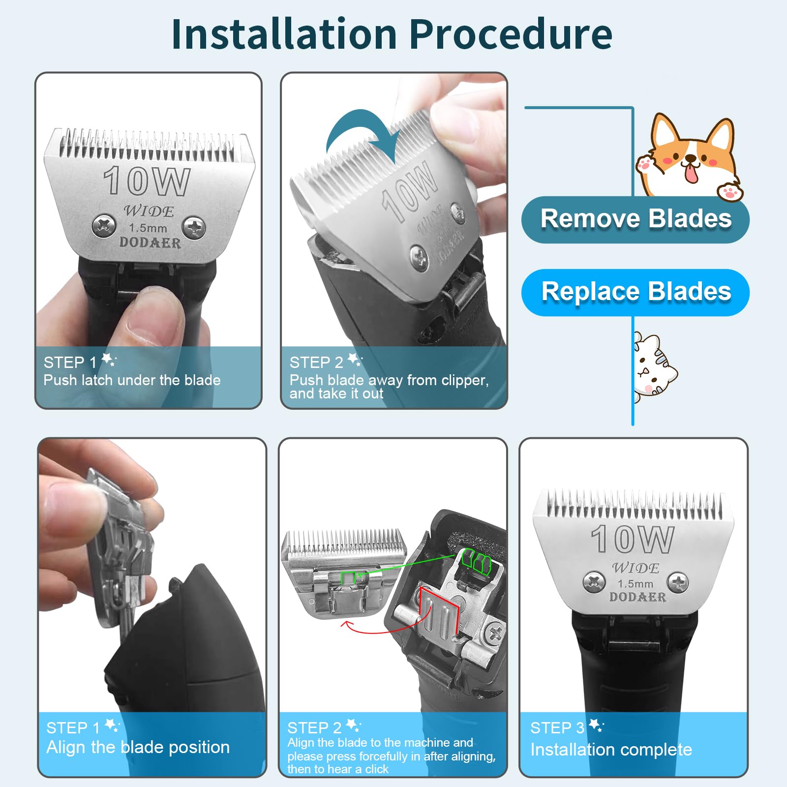 White Smoke Newbulu Sizi 10W Dog Grooming Clipper Replacement Blades, Compatible with Ainds, Oster A5, Wahl Km10 and Other Series Clippers, Blade Size-10W Cut Length 1/16"(1.5mm)