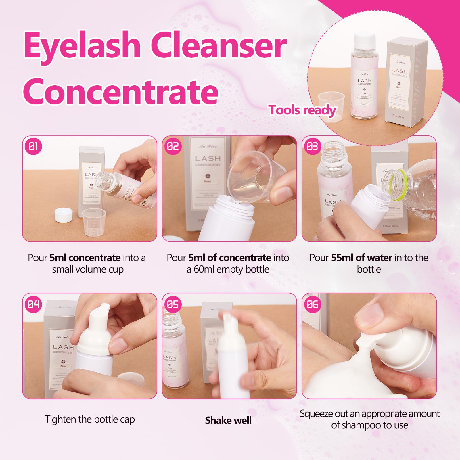 Lavender Blush AuReve Eyelash Cleanser Concentrate 100ml Lash Extension Shampoo Oil-Free Eyelash Extension Shampoo with Salon Home Care -Makes 20 Bottles 60ml Lash Shampoo, Rose