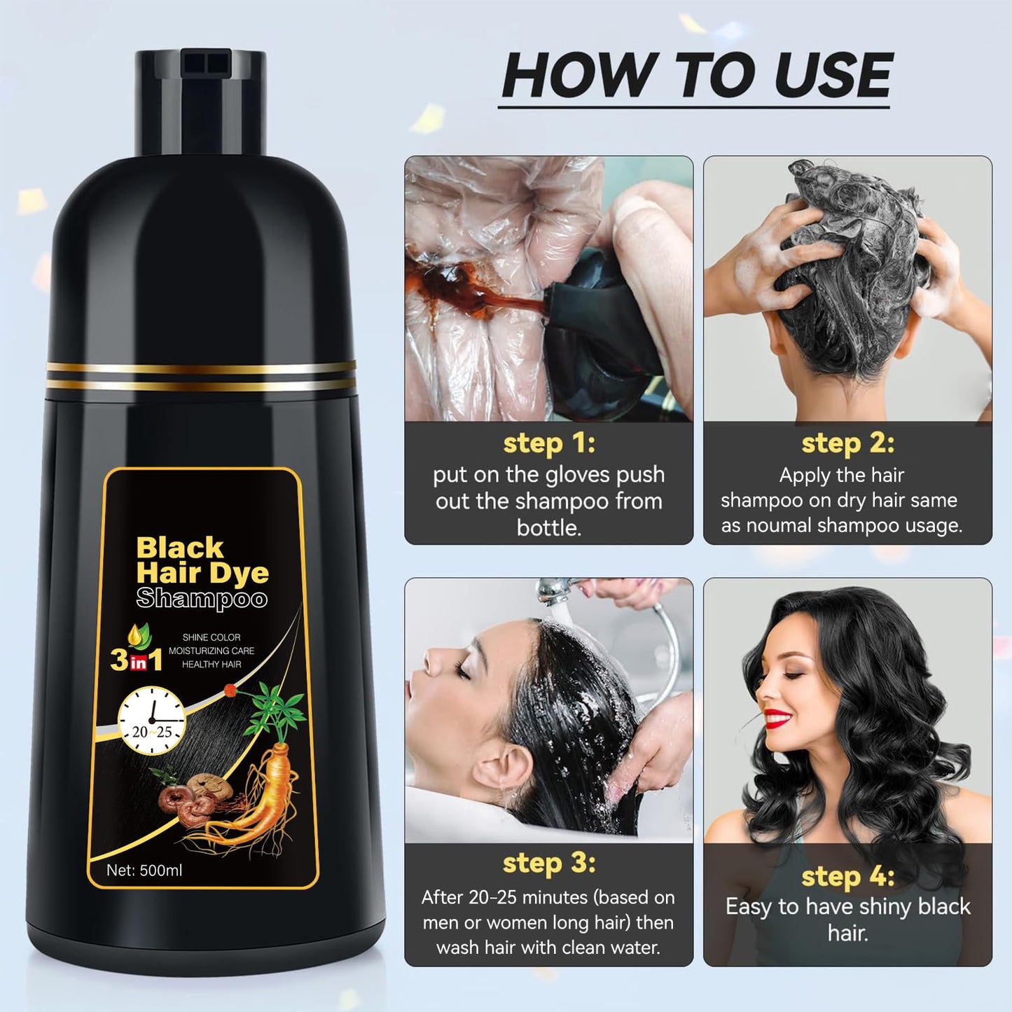 Lavender YOURTONE Black Hair Dye Shampoo Instant & Easy 3-in-1 Hair Color Solution for Men and Women - Herbal Formula, Ammonia-free, Lasts 30 Days - 16.90 oz