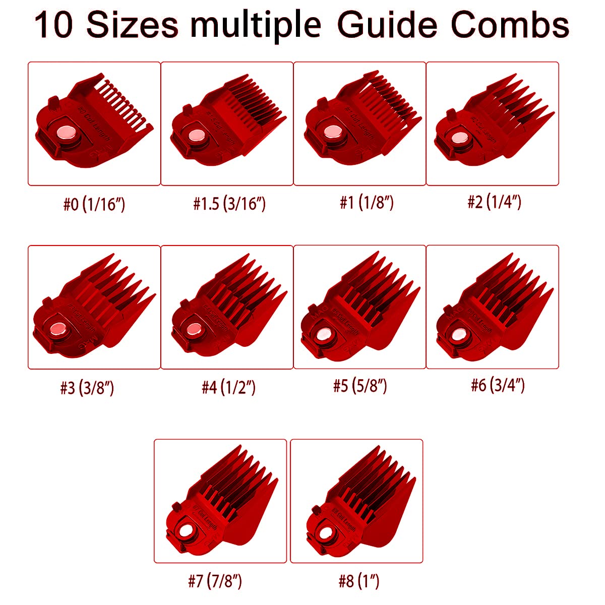 White Smoke Kaynway for Andis Magnetic Clipper Guards 10PCS, Upgrade Professional Clipper Guard Comb Guides for Andis Master Hair Clippers - 1/16" to 1"(Red)