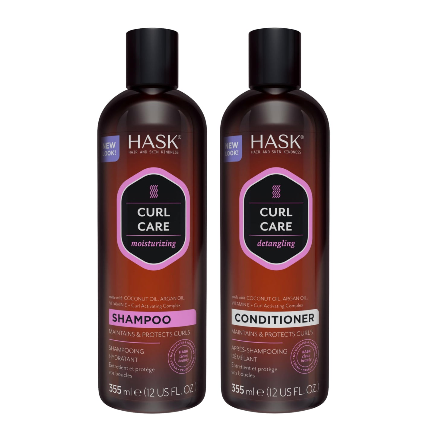 White Smoke HASK Curl Care Shampoo + Conditioner Set with Coconut and Argan Oil | For Curly Hair, Sulfate-Free, Paraben-Free, Gluten-Free, Vegan, Cruelty-Free, Color Safe | 12oz each