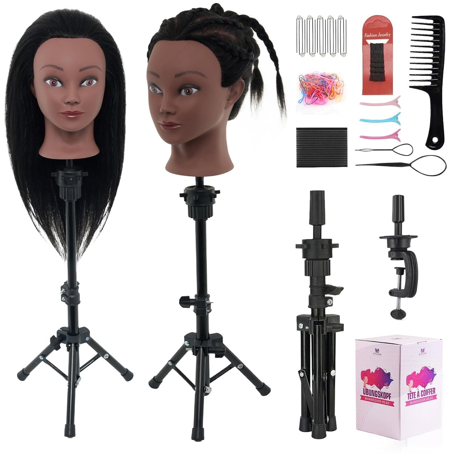 White Smoke 18" Mannequin Head Human Hair with Stand - 100% Real Human Hair Mannequin Head for Braiding, Cosmetology Manikin Doll Head for Hair Styling with Tripod Stand Table Clamp Hair Braiding Set,Black