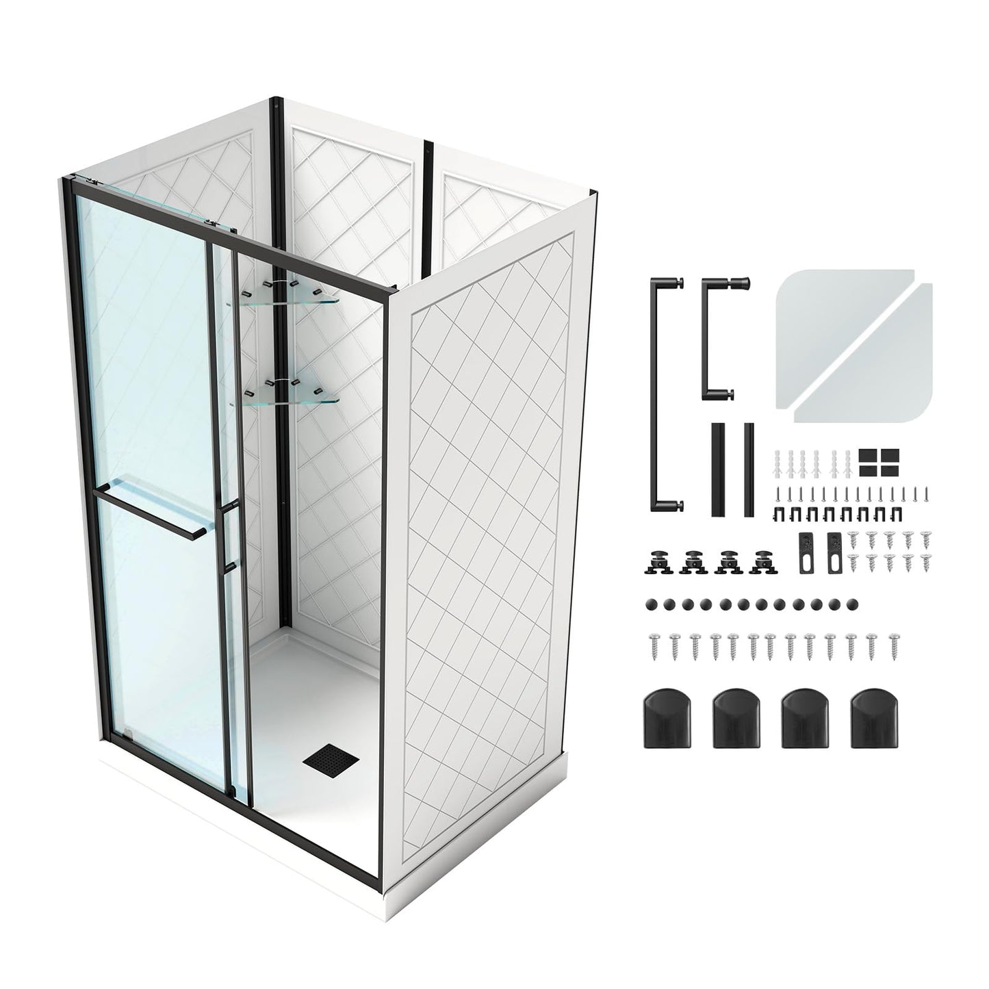 White Smoke VEVOR Shower Enclosure, 36 in. D x 48 in. W x 79.1 in. H, Framed Sliding Shower Door with 1/4 in. Clear Tempered Glass, Complete Bathroom Alcove Stall with Non-Slip Base Kit & Triple-Sided Wall Panels
