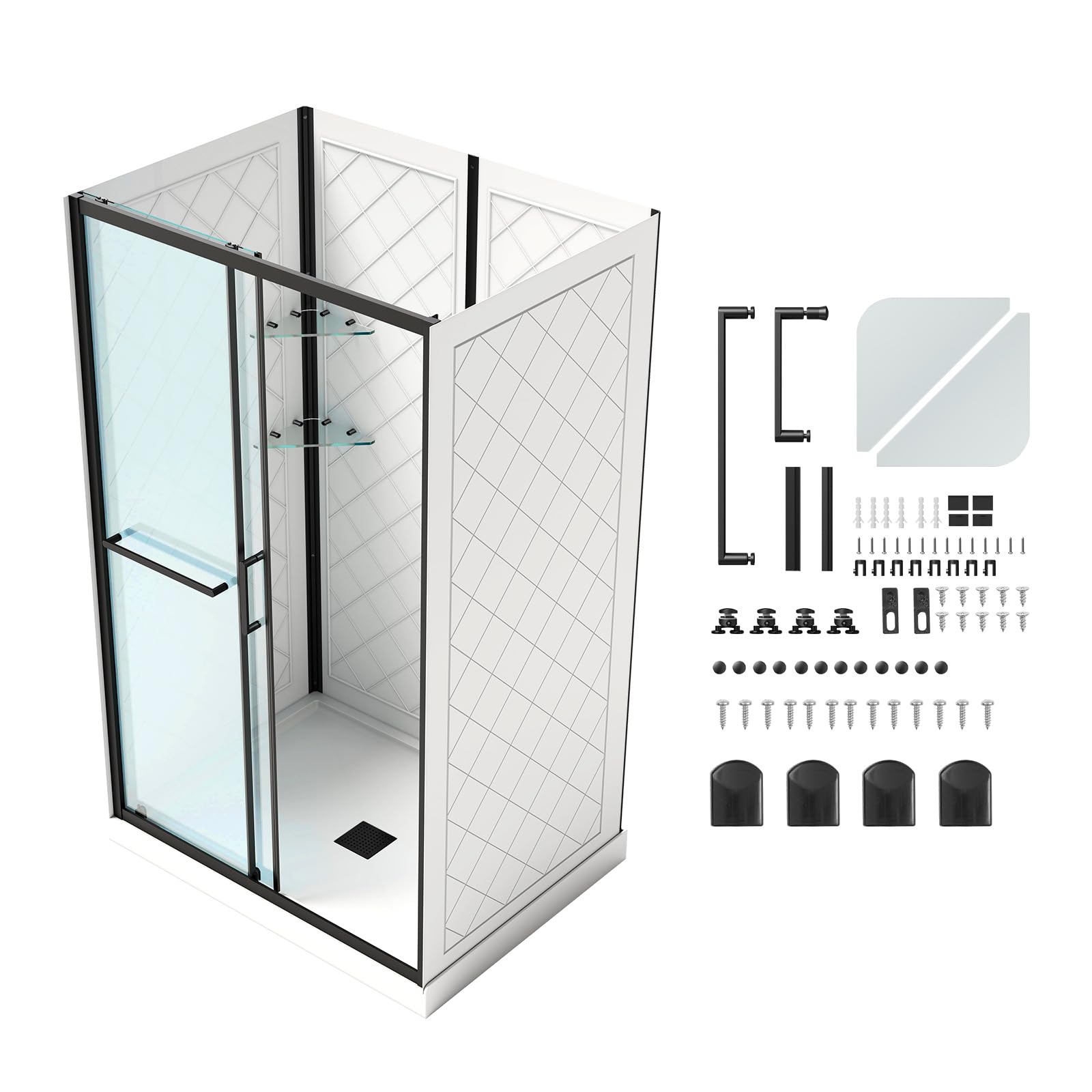 White Smoke VEVOR Shower Enclosure, 36 in. D x 48 in. W x 79.1 in. H, Framed Sliding Shower Door with 1/4 in. Clear Tempered Glass, Complete Bathroom Alcove Stall with Non-Slip Base Kit & Triple-Sided Wall Panels