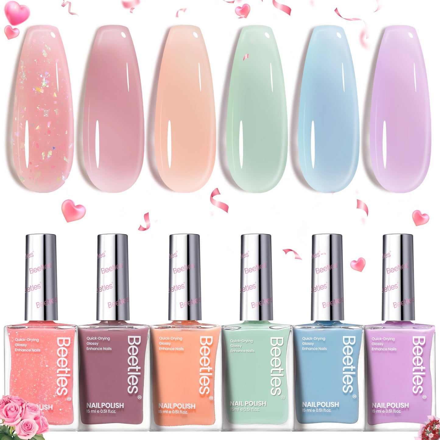 White Smoke Beetles Jelly Nail Polish Set, 6 Colors Clear Pastel Nail Polish Glitter Pink Dusty Rose Orange Green Blue Purple Long Lasting & Quick Dry Nail Strengthener Polish Gift Sets for Women