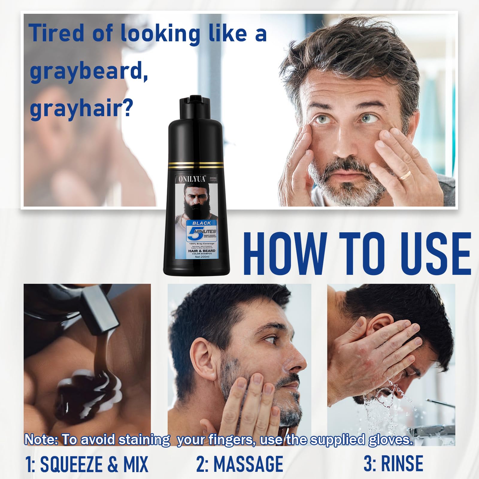 White Smoke Men's Long-Lasting Black Hair Dye & Root Touch Up for Gray Coverage - 5 Minute Natural Beard & Mustache Coloring Shampoo 3-in-1