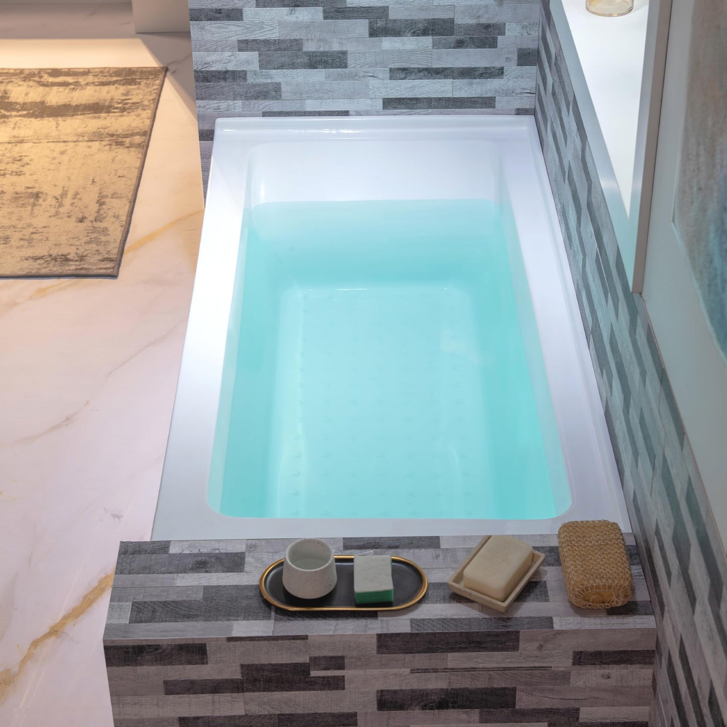 Sky Blue WOODBRIDGE 60" Acrylic Rectangular Alcove Soaking Bathtub in White with Right Drain, Matte Black pop-up Drain Included, LB666-R