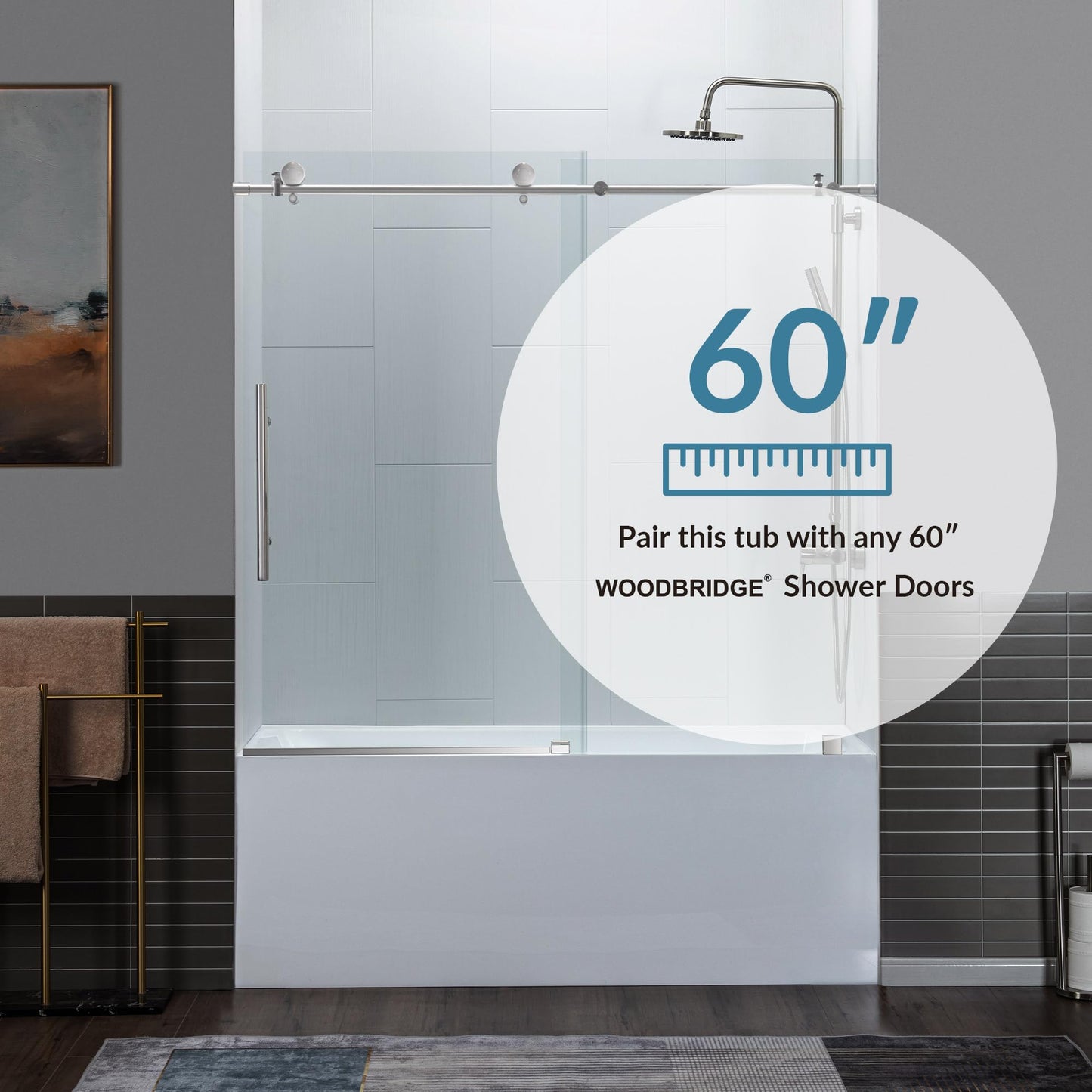 Lavender WOODBRIDGE 60" Acrylic Rectangular Alcove Soaking Bathtub in White with Right Drain, Matte Black pop-up Drain Included, LB666-R