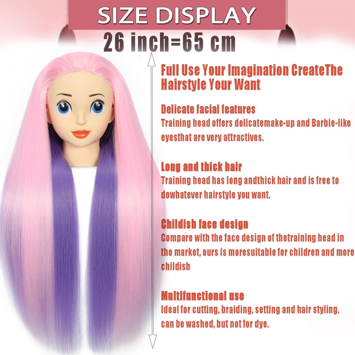 White Smoke Mannequin Head with 26 inch Long Synthetic Fiber Colorful Hair Styling Training Head Manikin Cosmetology Doll Head Hairdressing Training Model for Cutting Braiding Practice and Free Clamp Holder