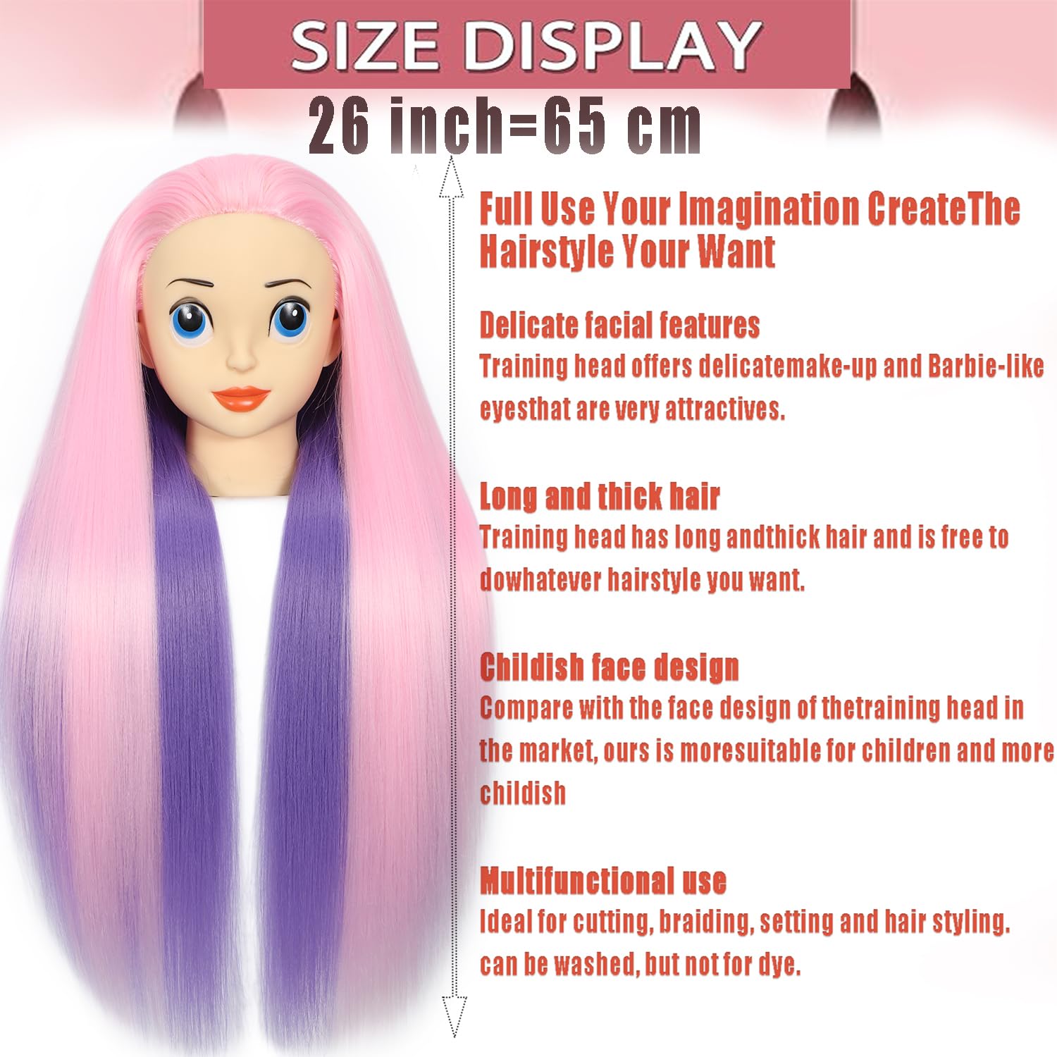 White Smoke Mannequin Head with 26 inch Long Synthetic Fiber Colorful Hair Styling Training Head Manikin Cosmetology Doll Head Hairdressing Training Model for Cutting Braiding Practice and Free Clamp Holder