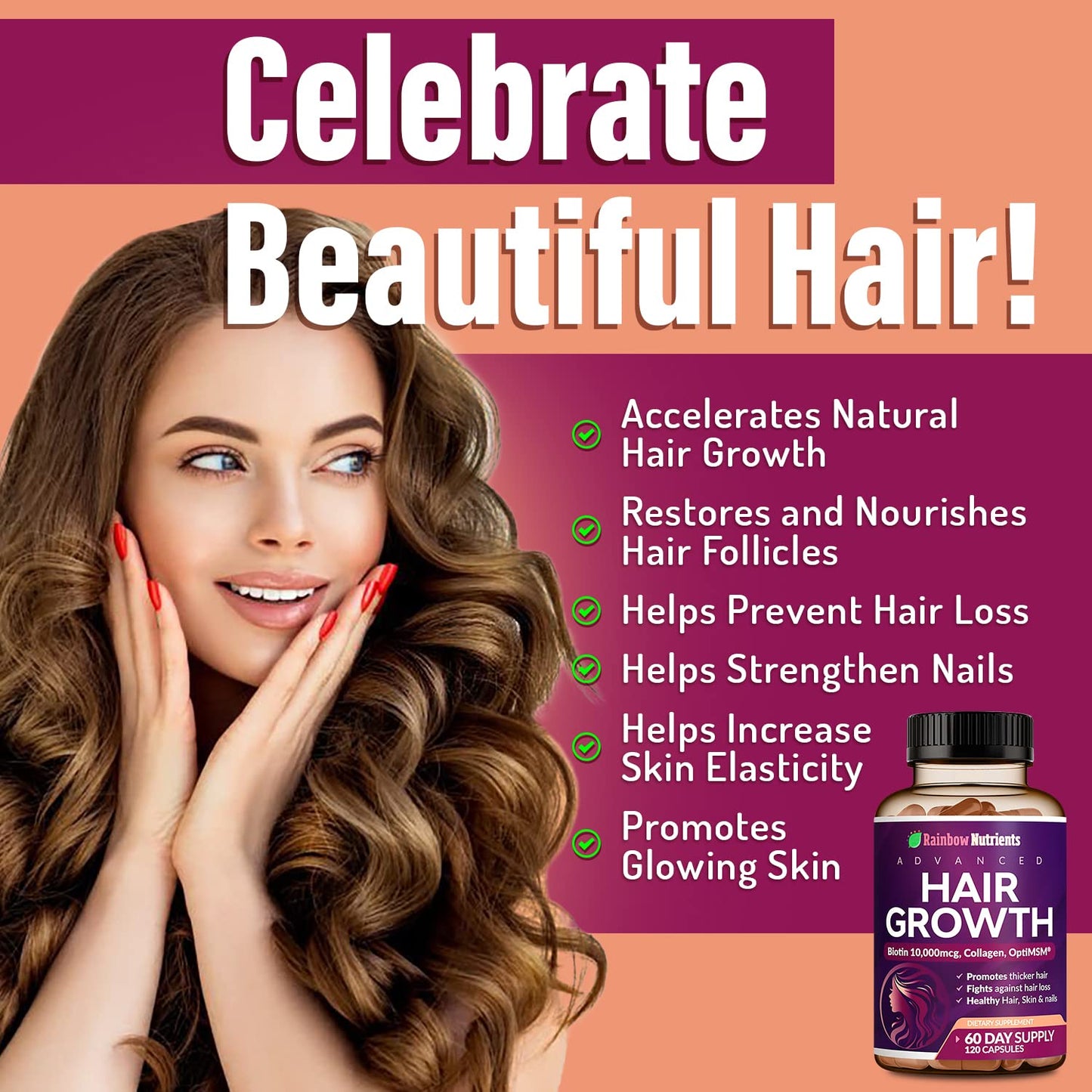Dark Salmon Hair Growth Vitamins for Women | Biotin 10,000mcg, Collagen, Patented OptiMSM®, goMCT®, Saw Palmetto | Naturally Regrow Stronger & Healthier Hair, Skin and Nails | Stops Hair Loss | 60 Day Supply