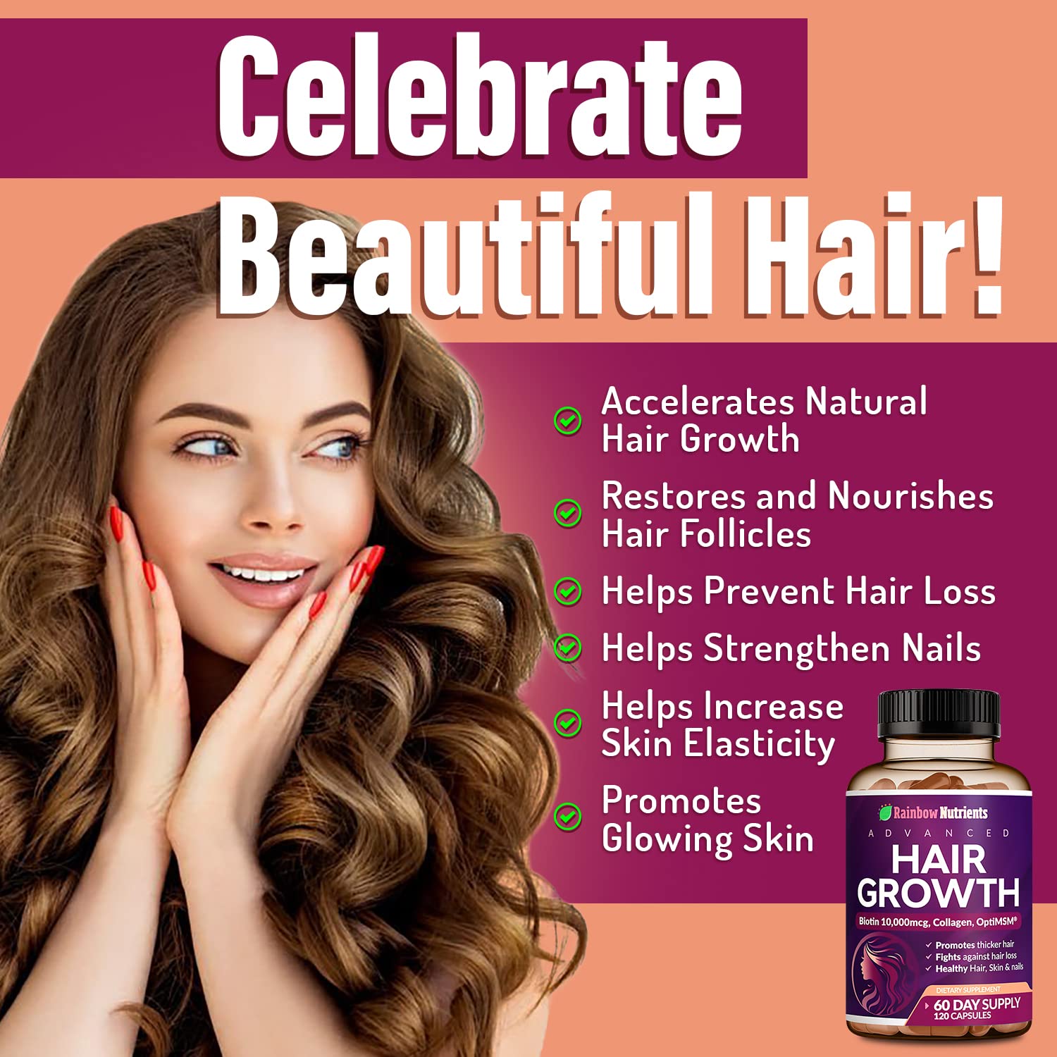 Dark Salmon Hair Growth Vitamins for Women | Biotin 10,000mcg, Collagen, Patented OptiMSM®, goMCT®, Saw Palmetto | Naturally Regrow Stronger & Healthier Hair, Skin and Nails | Stops Hair Loss | 60 Day Supply
