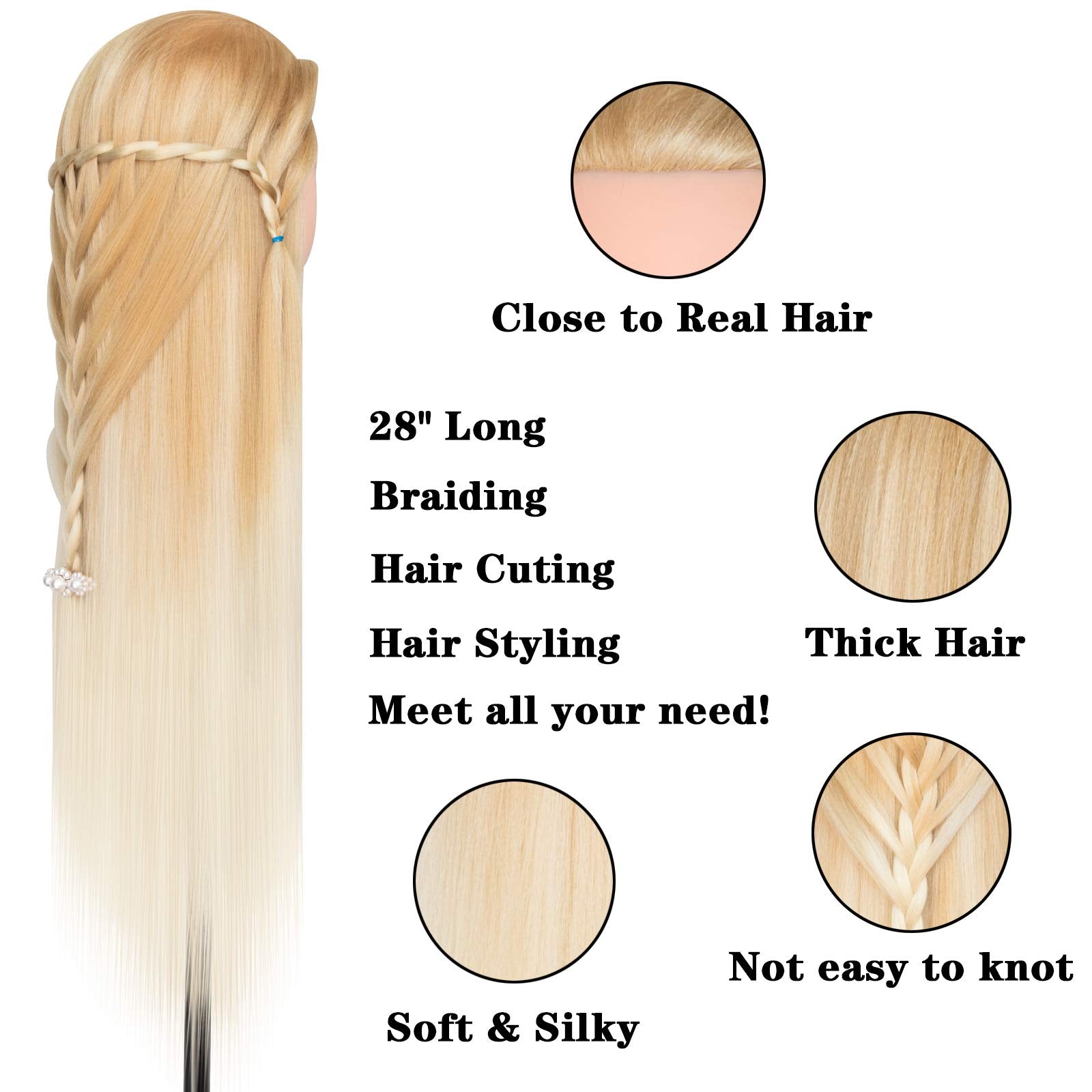 White Smoke DANSEE 28" Mannequin Head Synthetic Hair Hairdresser Training Manikin Cosmetology Doll Head Blonde with DIY Braiding Set+ Free Table Clamp(27-613)