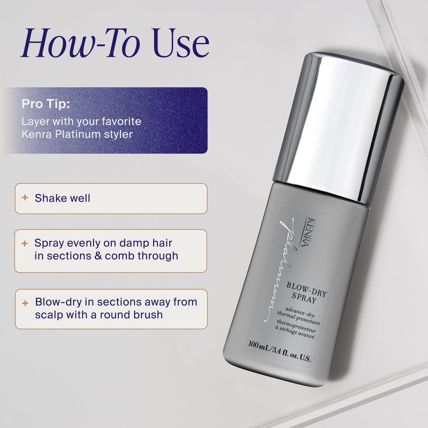 Light Gray Kenra Platinum Blow-Dry Spray | Time-Saving Heat Protectant | Detangles, Smooths, and Softens | Eliminates Frizz & Resists Humidity | Medium To Coarse Hair | 3.4 fl. oz