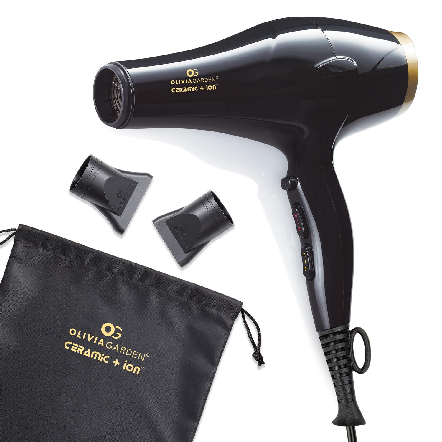 White Smoke Olivia Garden 1875W Ceramic + Ion Professional Hair Dryer for Men and Women - Fast Drying Blow Dryer - Powerful Ionic Generator - 3 Heat Settings - with 2 Nozzles and Storage Bag - (Black/Gold)
