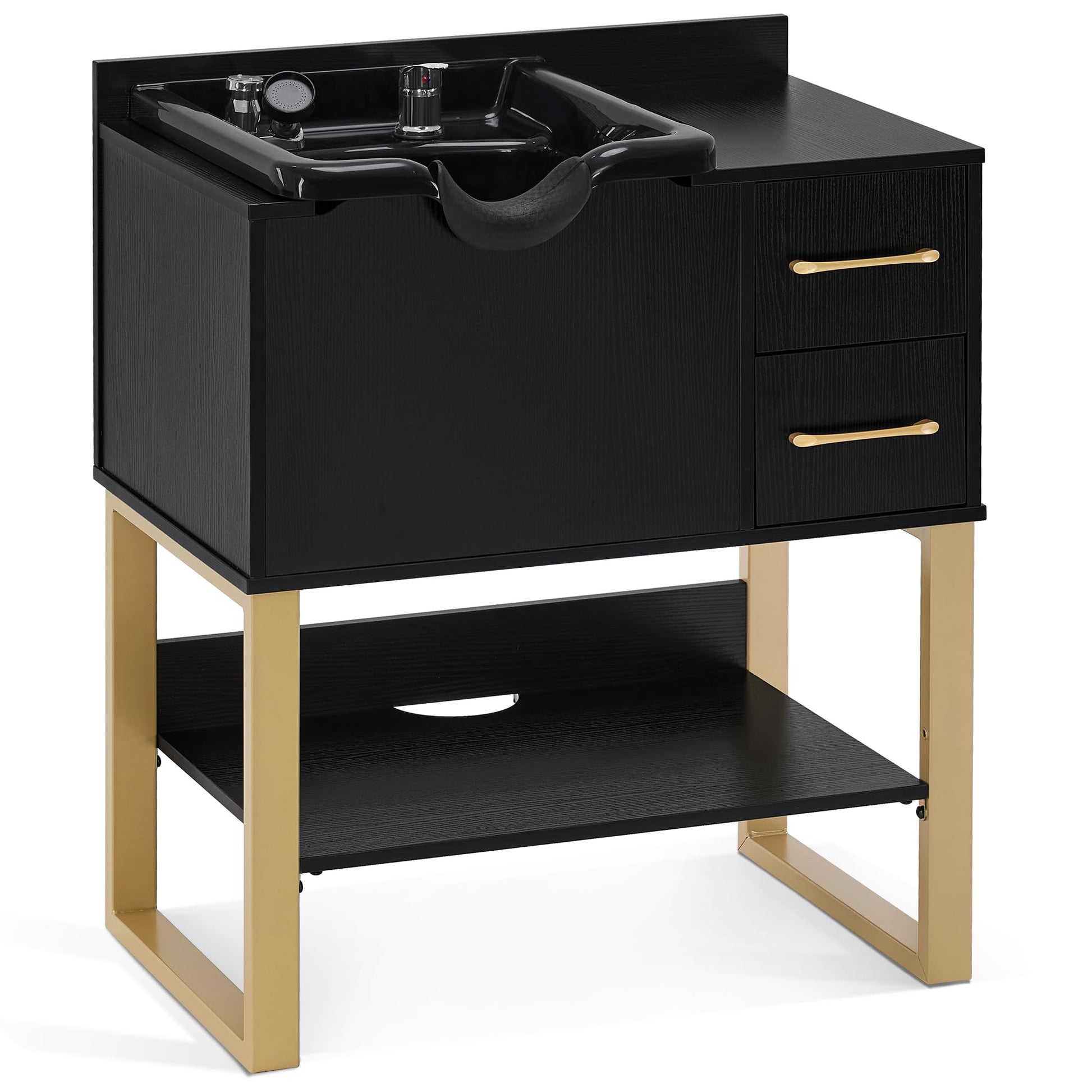 White Smoke BarberPub Shampoo Cabinet with Sink, Modern Salon Backwash Station with Bowl, Neck Rest, 2 Drawers, Storage Shelf,Hot & Cold Control 7135 (Black)