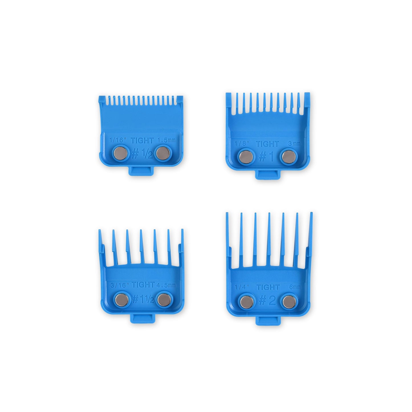 White Smoke GAMMA+ Professional Dub Magnetic Hair Clipper Guards from 1/16 to 3/4 (Cyan Blue 4-PK)