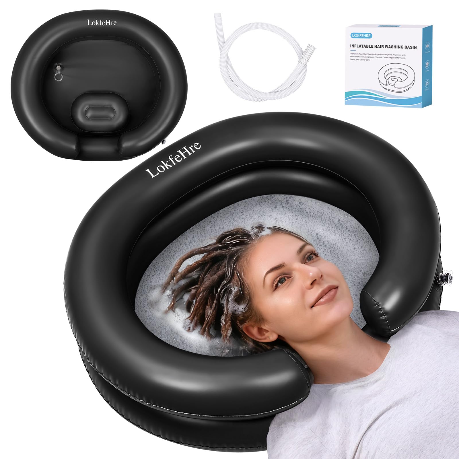 White Smoke Black Inflatable Shampoo Basin, Stain Resistant Ergonomic Neck Support Hair Washing Bowl for Bedridden Elderly Disabled, Portable Leakproof PVC Sink with Drain Hose for Home Care Locs Detox