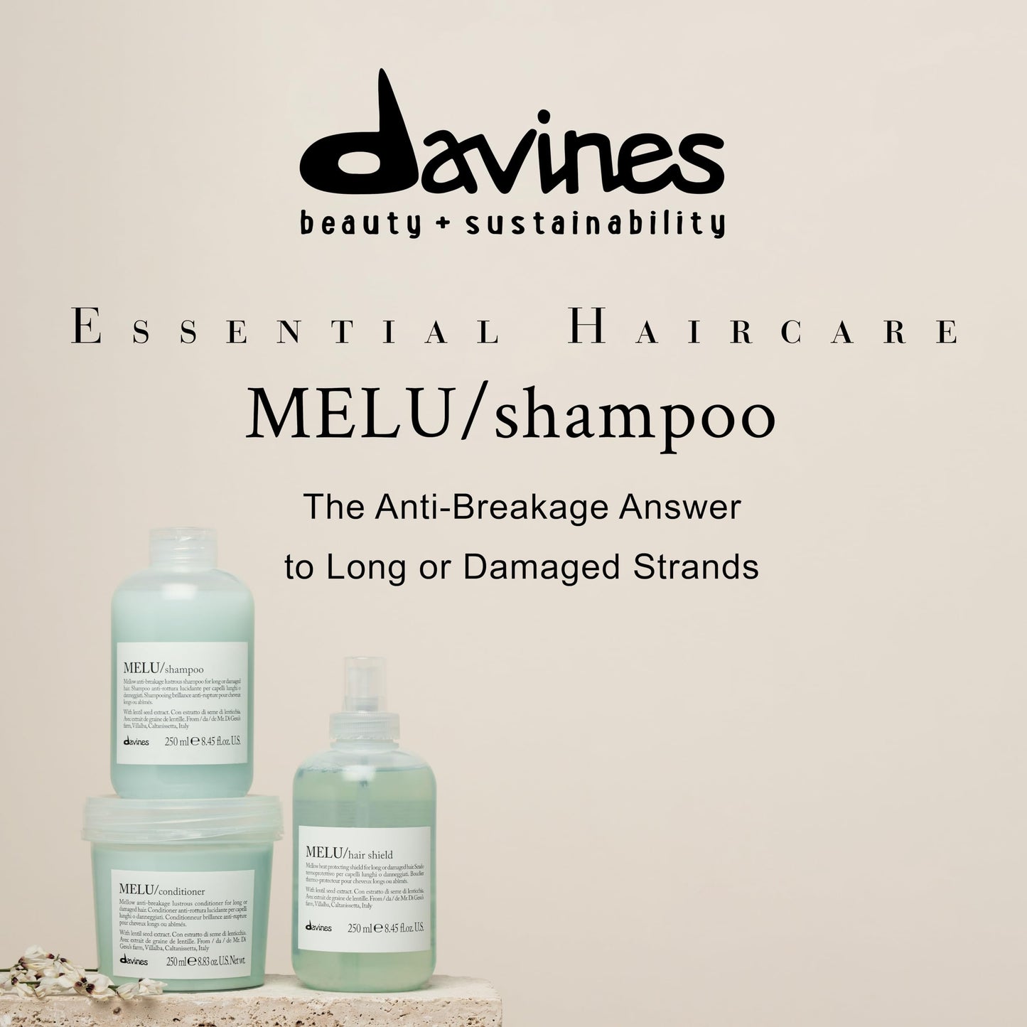 Light Gray Davines MELU Shampoo, Elasticizing Anti-Breakage Gentle Cleansing Action for Long or Damaged Hair - Gives Lustrous, Reinforced, Shiny, and Soft Strands with Lentil Seeds, Travel Size, 2.54 Fl Oz