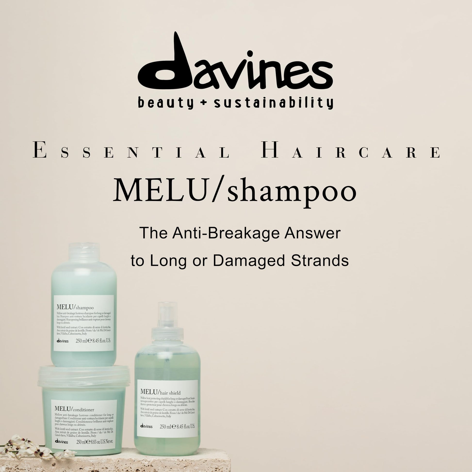 Light Gray Davines MELU Shampoo, Elasticizing Anti-Breakage Gentle Cleansing Action for Long or Damaged Hair - Gives Lustrous, Reinforced, Shiny, and Soft Strands with Lentil Seeds, Travel Size, 2.54 Fl Oz