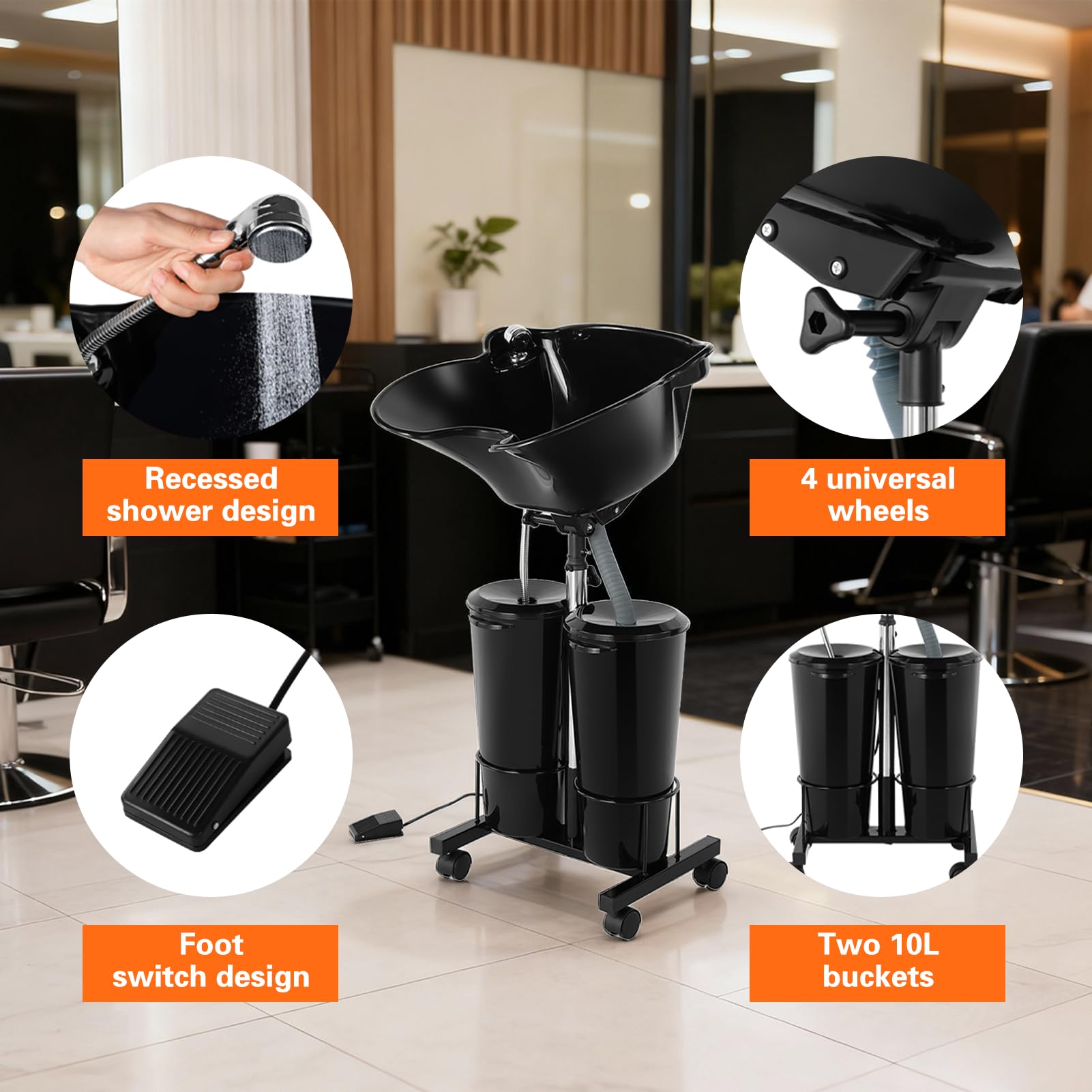 Black Portable Shampoo Bowl Unit Height Adjustable with 2 Bucket Hair Washing Station with Electric Pump and Drain Hoses, 270 Degree Rotation of Shampoo Basin Barber and Stylist Hair Salon Accessories